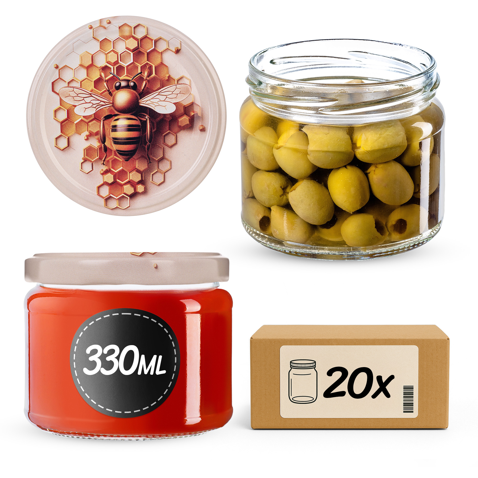 Słoiki na przetwory Sonka 330ml fi82mm 20szt + wieczko Pszczoła