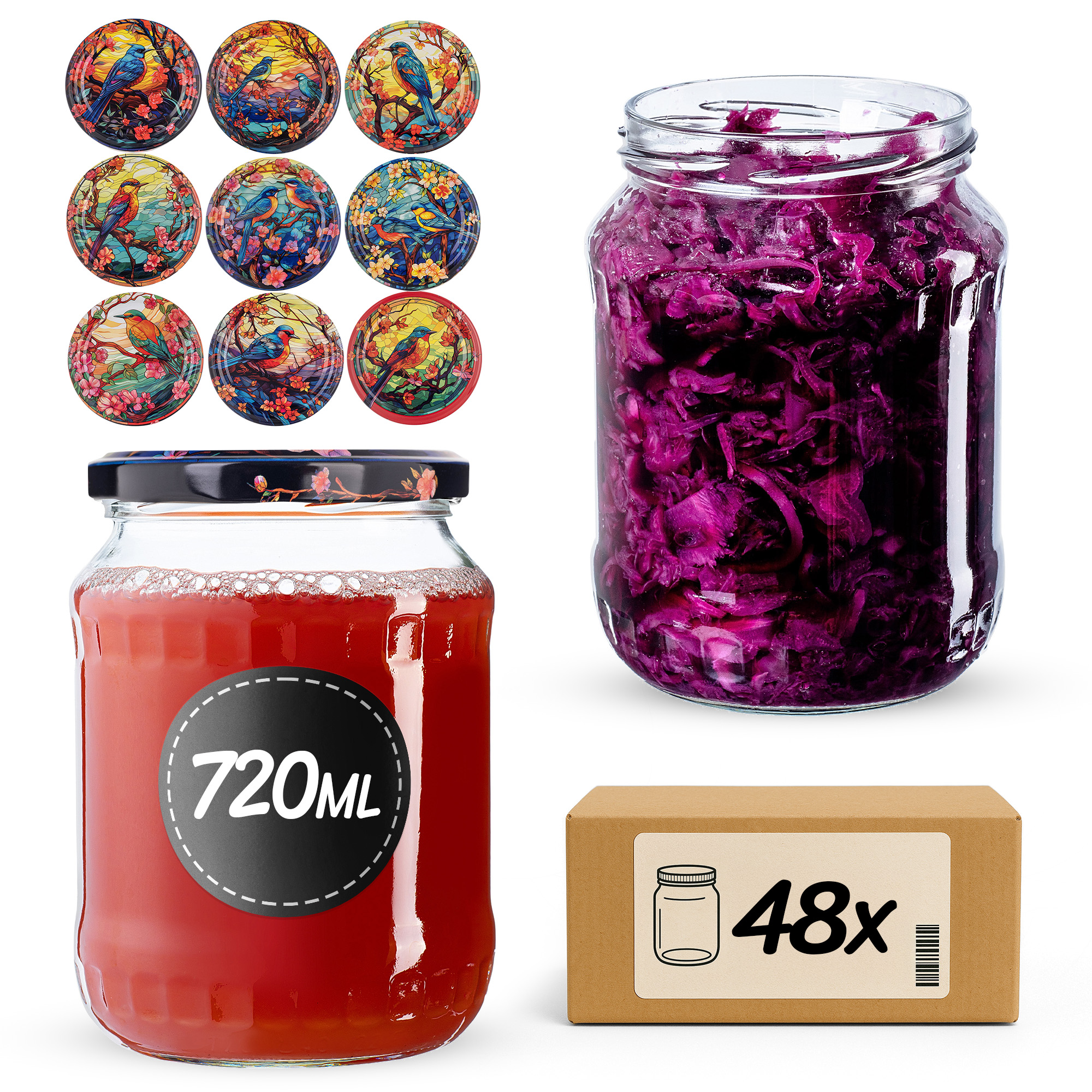 Słoiki na przetwory Jukka 720ml fi82mm 48szt + wieczko Ptaki