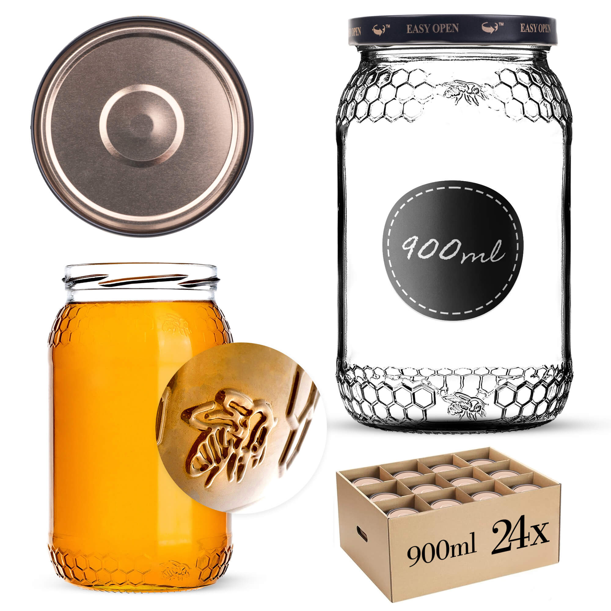 Szklany słój Lierde 900ml 82mm 24 szt. + wieczka czarno-złote Orbit
