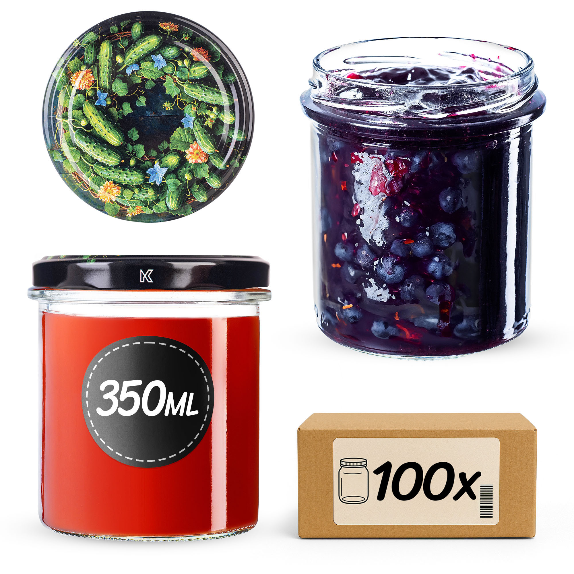 Słoiki na przetwory Avila 350ml fi82mm 100szt + wieczko Ogórki czarne