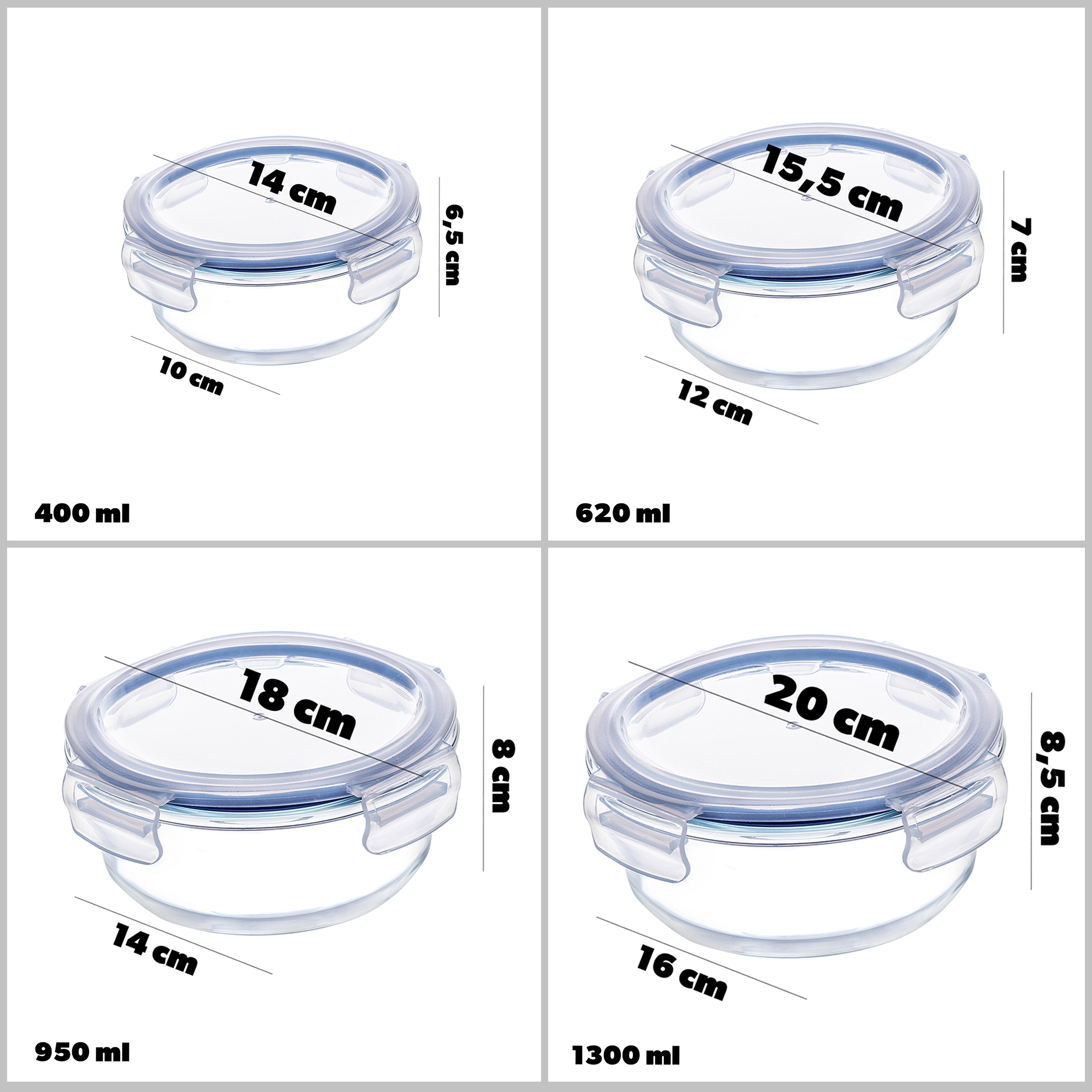 Zestaw okrągłych pojemników Athie 400ml+620ml+950ml+1300ml
