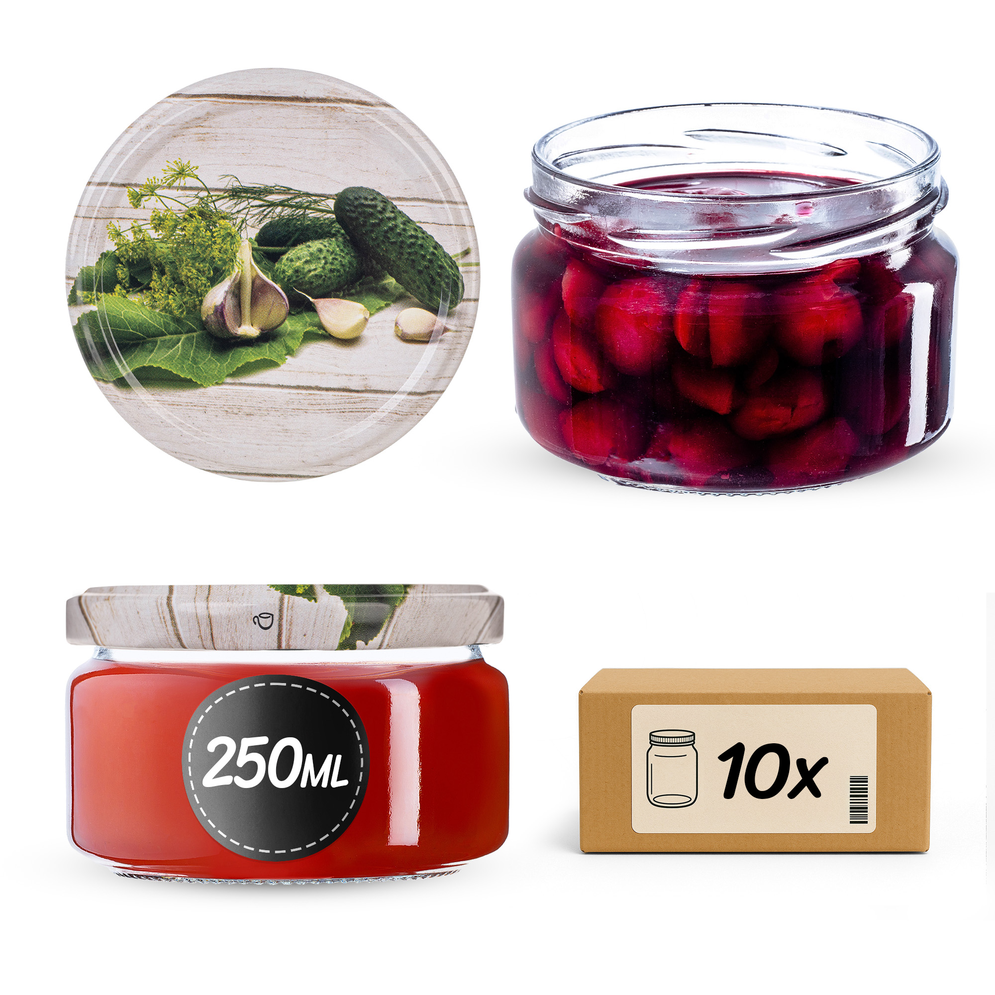Słoiki na przetwory Denia 250ml 10szt 82mm + wieczko "Ogórek z czosnkiem"
