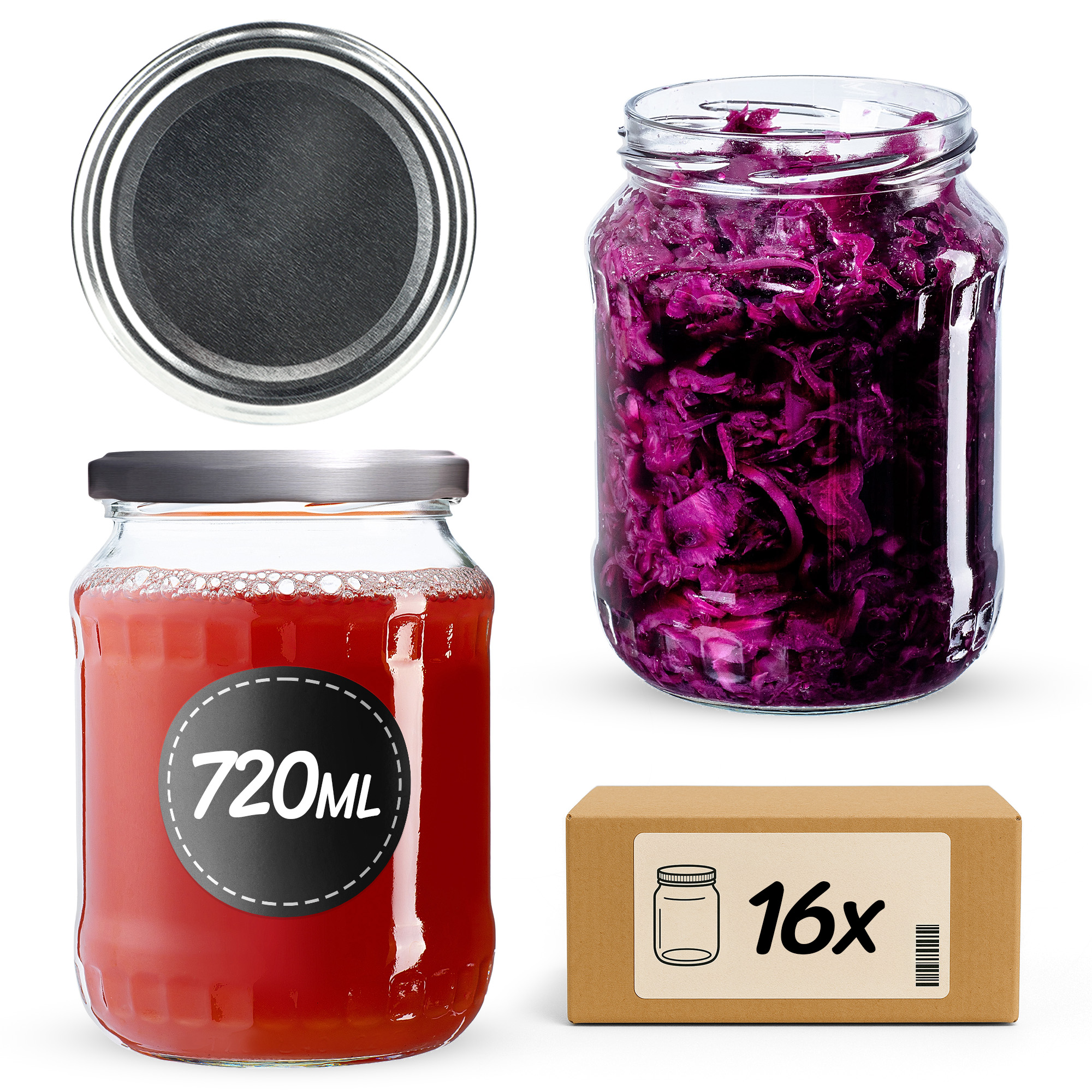 Słoiki na przetwory Jukka 720ml 16szt 82mm + wieczka srebrne