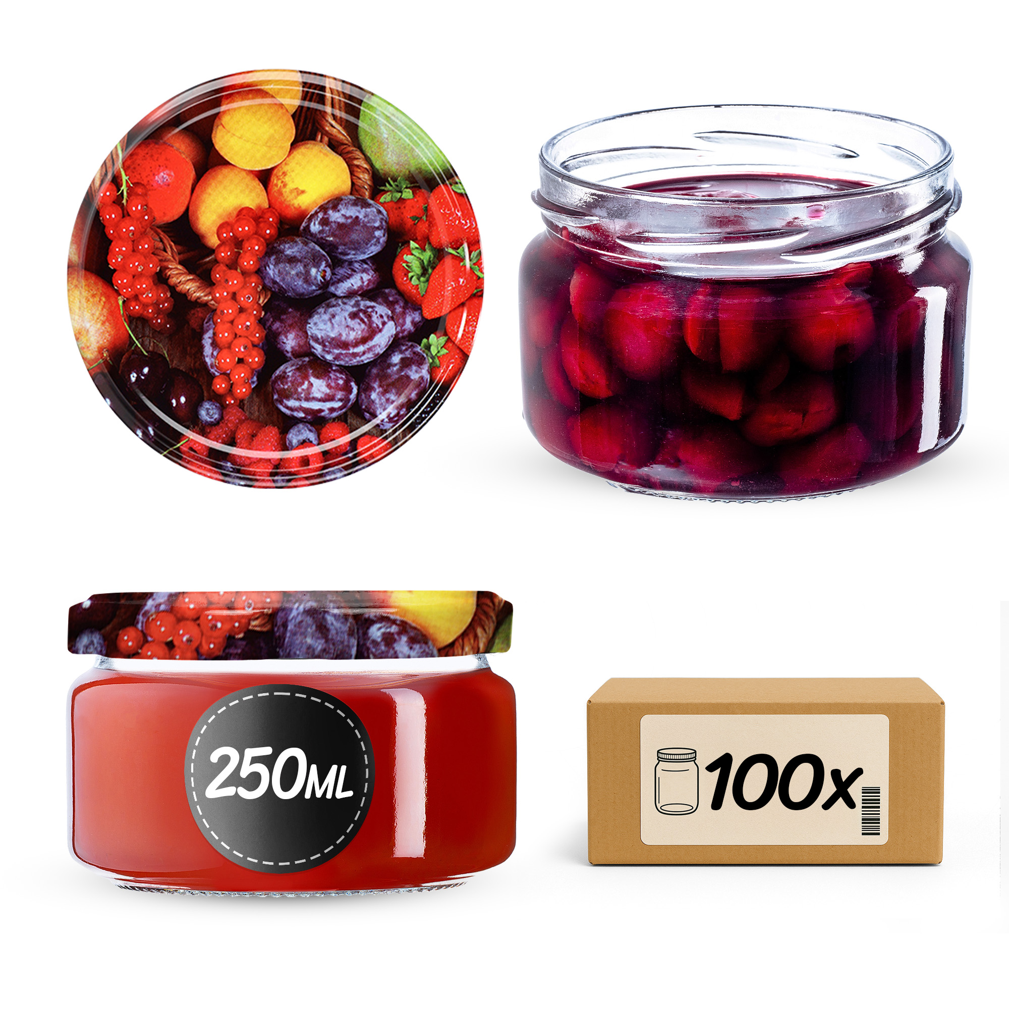 Słoiki na przetwory Denia 250ml 100szt 82mm + wieczko "Mix Owoców"
