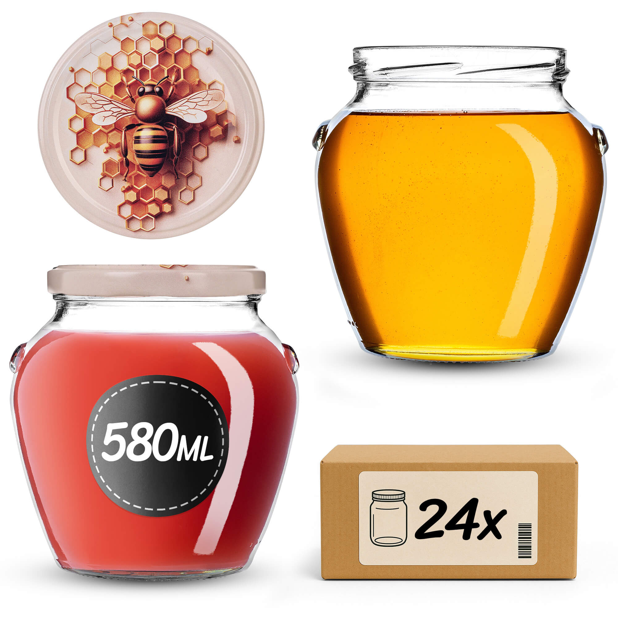 Słoiki na przetwory Sassa 580ml 24szt 82mm + wieczka "Pszczoła z plastrem"