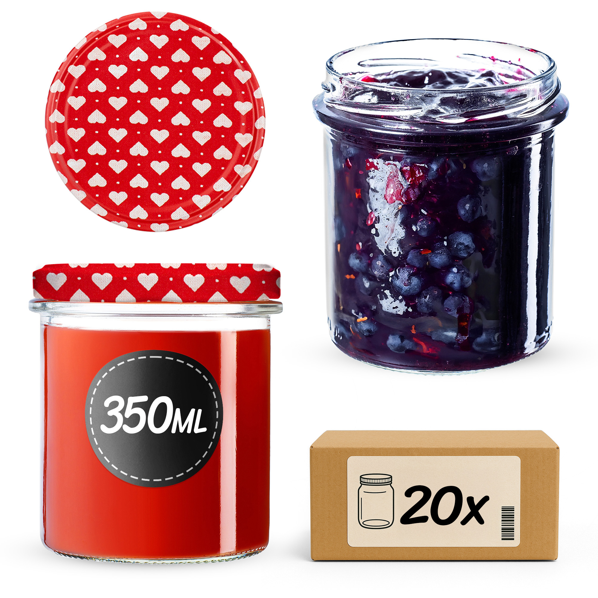 Słoiki na przetwory Avila 350ml 20szt 82mm + wieczka "Serca"