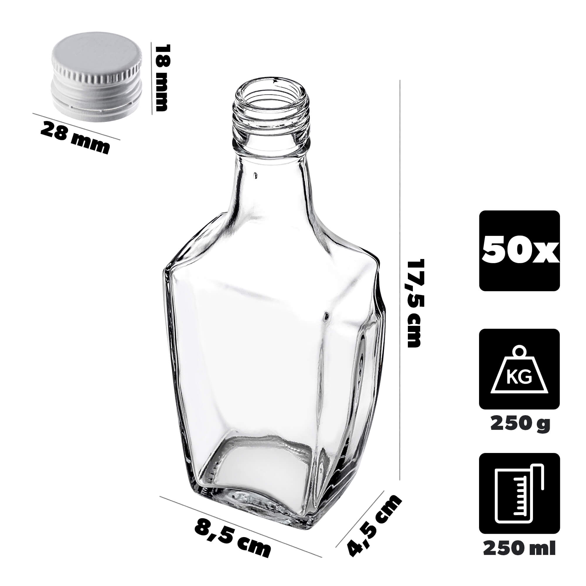 Szklana butelka na nalewkę Faenza 250ml z białą zakrętką 50 szt.