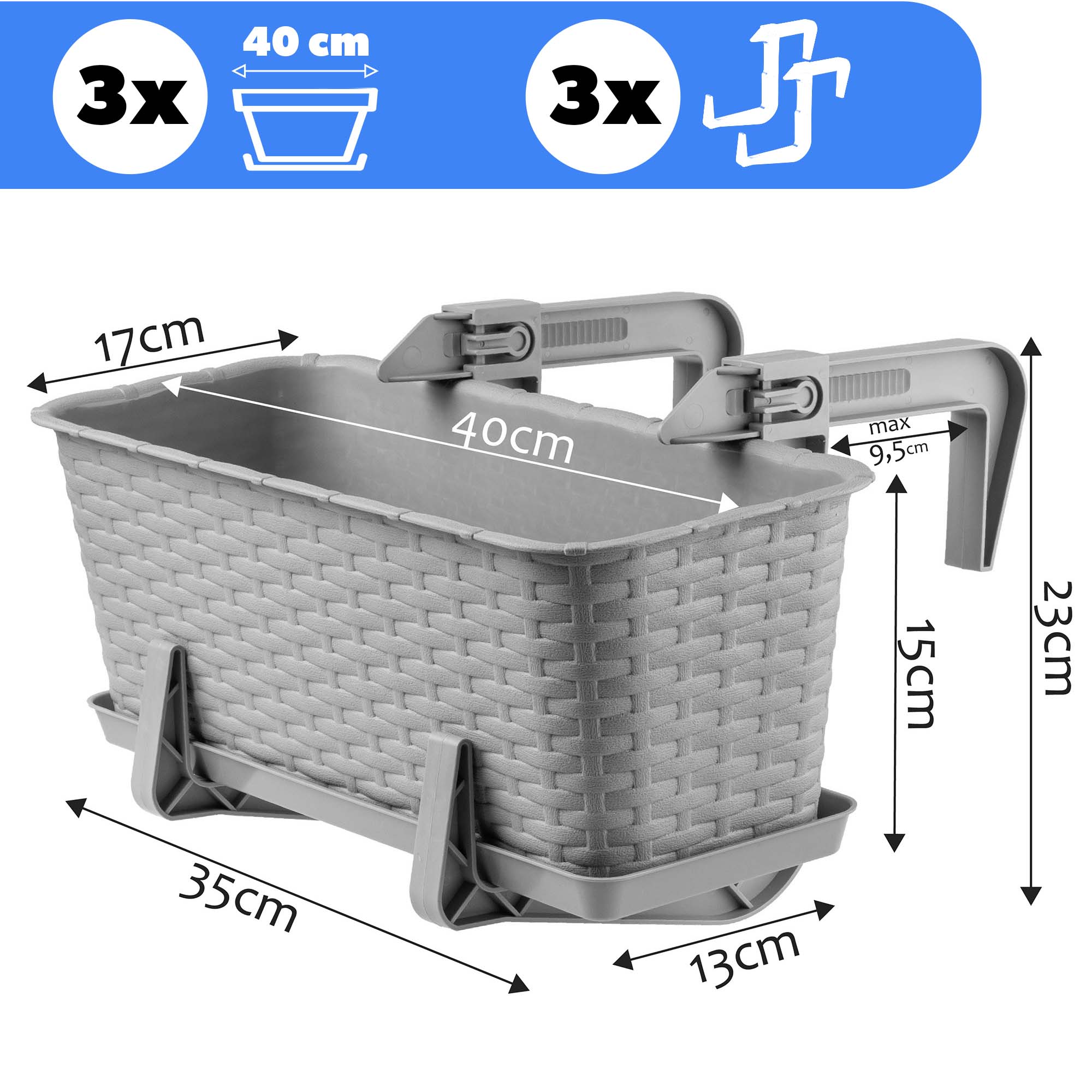 Skrzynka balkonowa z uchwytami Castro jasna szara 40 cm, 3 szt.