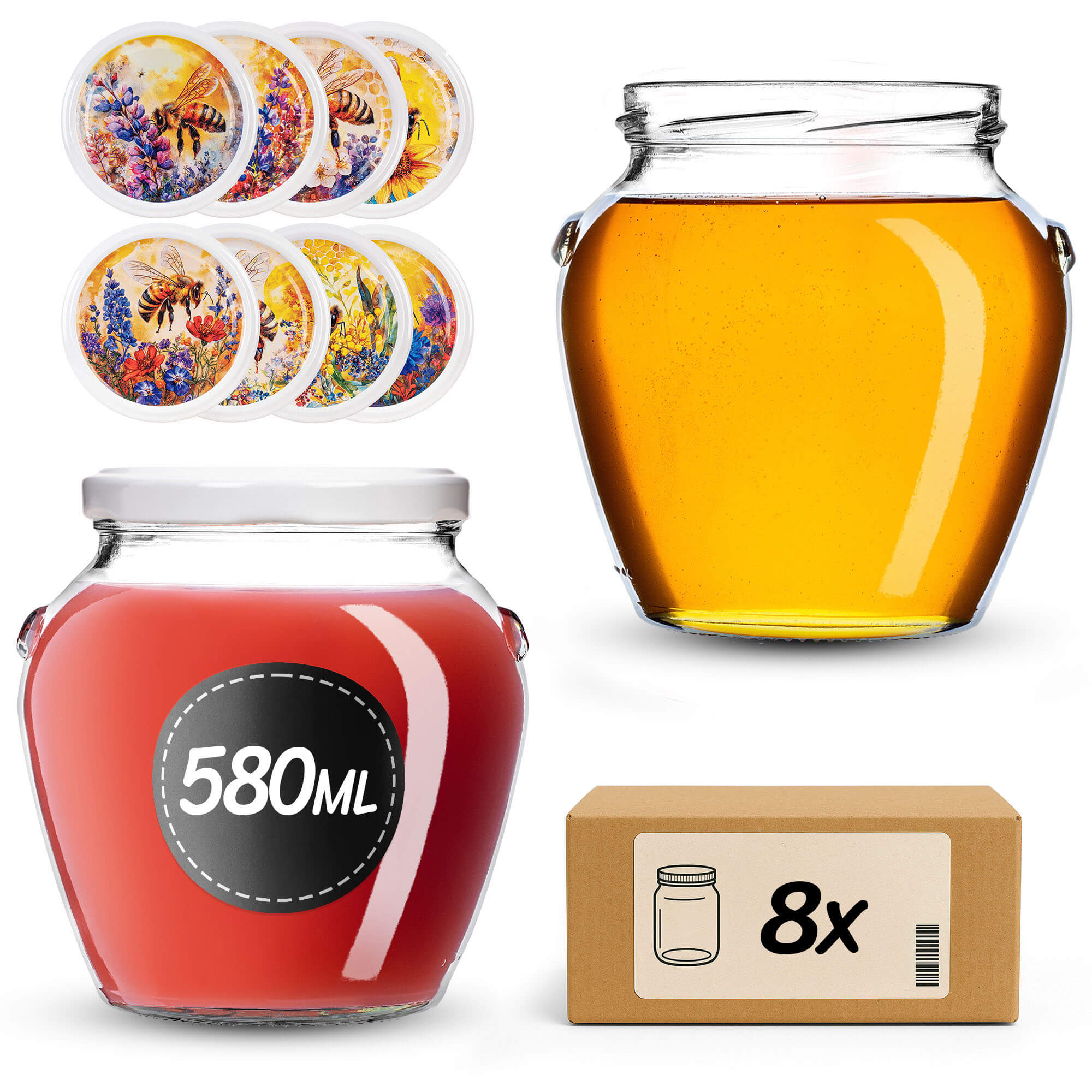 Słoiki na przetwory Sassa 580ml 8szt 82mm + wieczka "Pszczoła na kwiatach"