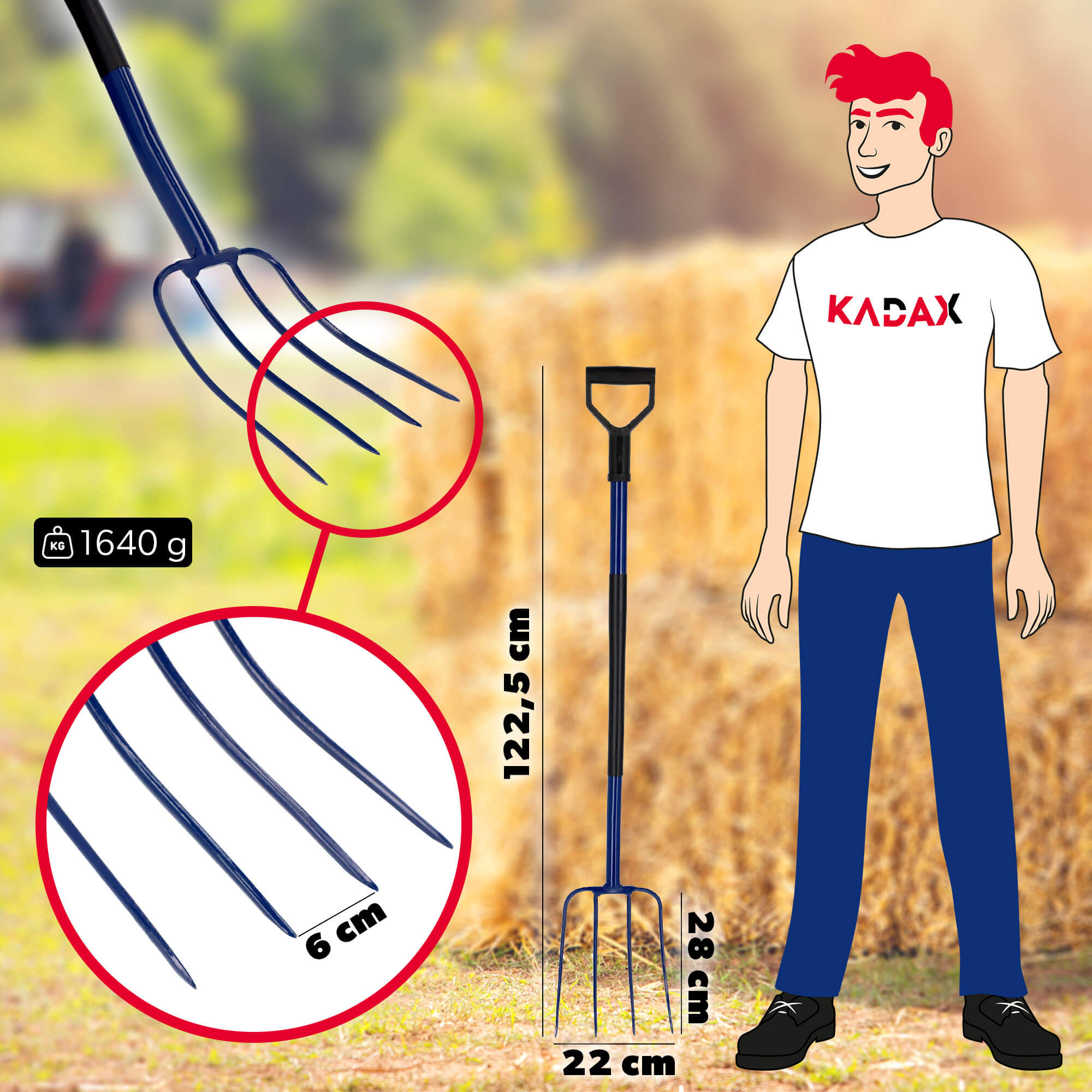 Widły metalowe 4-zębne 122 cm, niebieskie