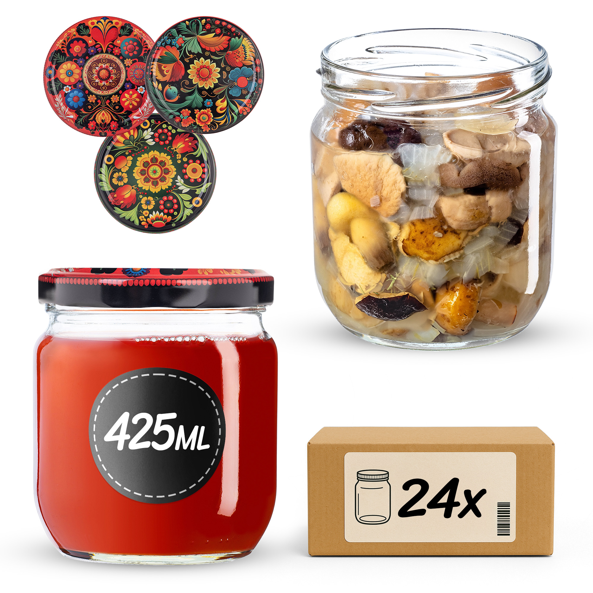 Słoiki na przetwory Salla 425ml fi82mm 24szt + wieczko Haftowanka