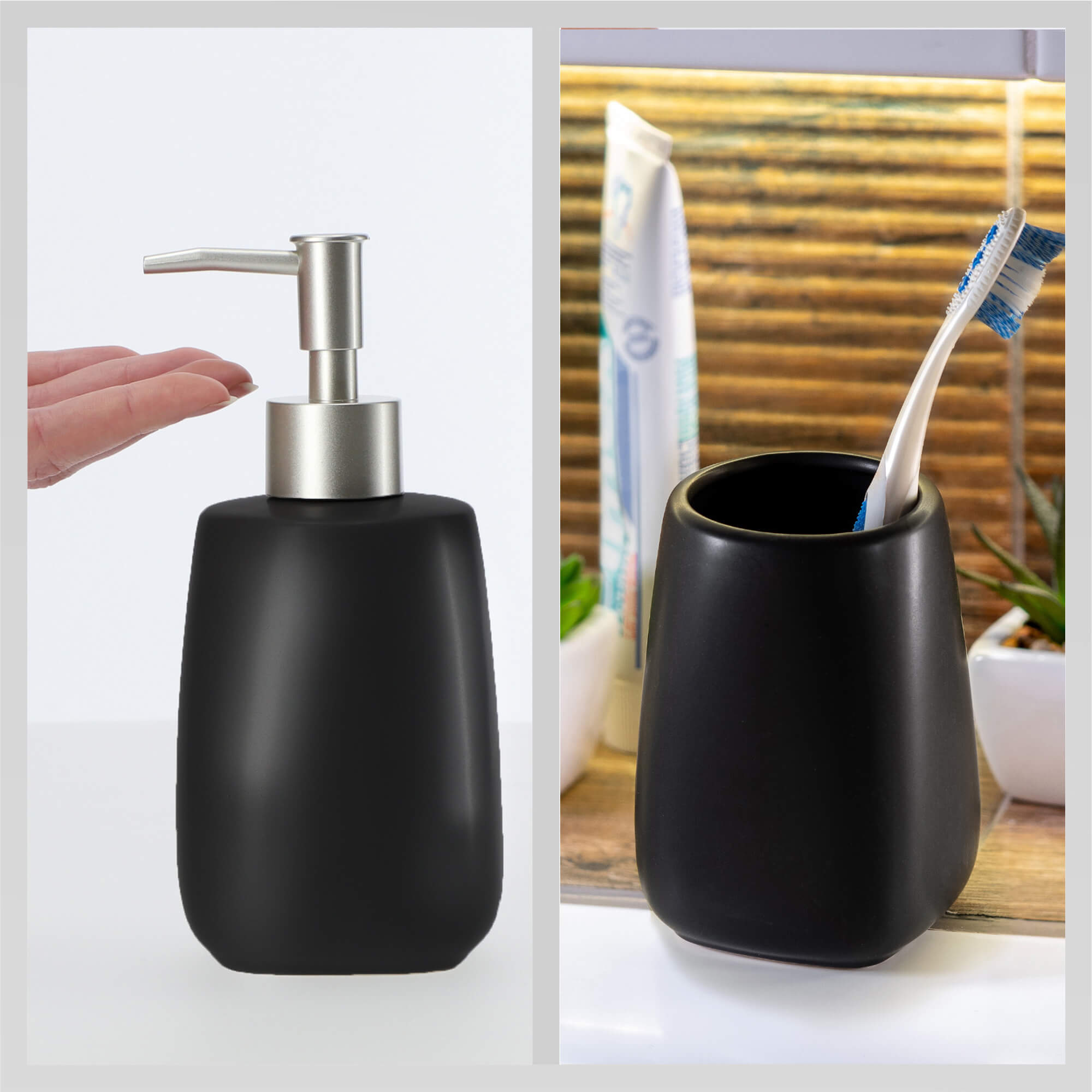 Zestaw dozownik na mydło + kubek łazienkowy, czarny
