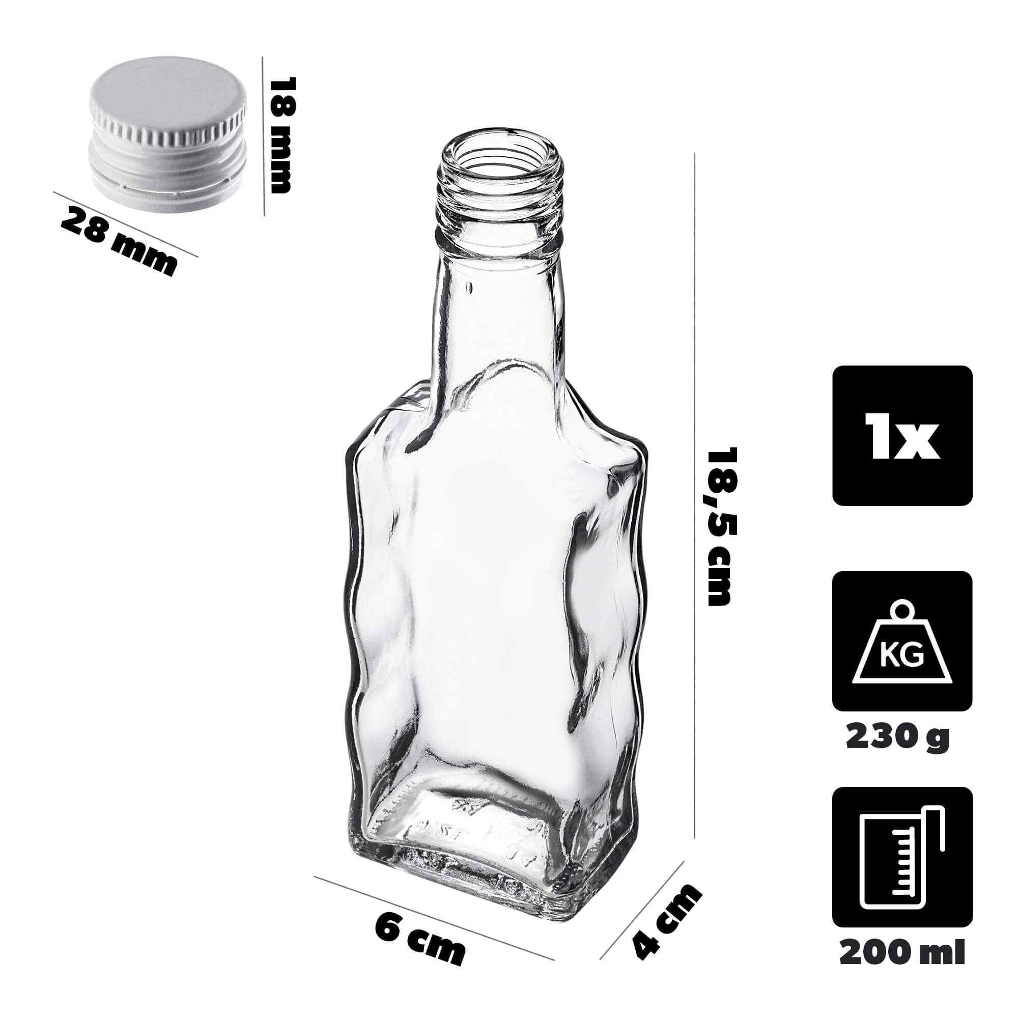 Szklana butelka na nalewkę Fala 200ml z białą zakrętką 1 szt.