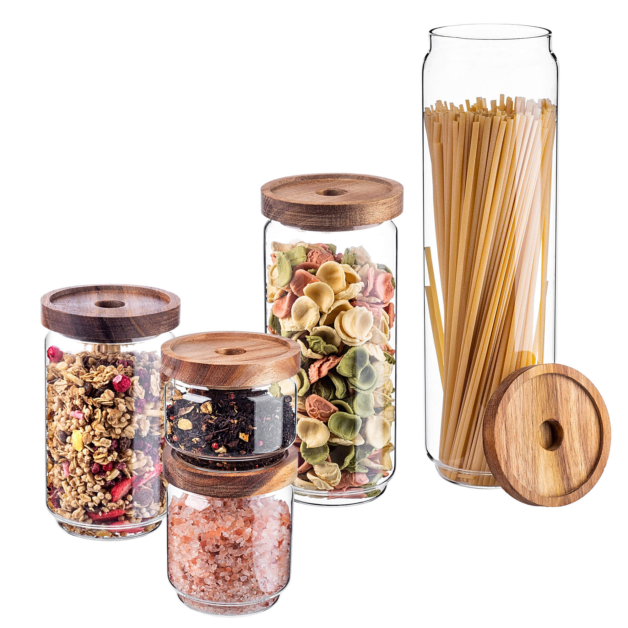 Zestaw pojemników szklanych na żywność Rucce z drewnianą pokrywką 250ml+450ml+750ml+950ml+1550ml