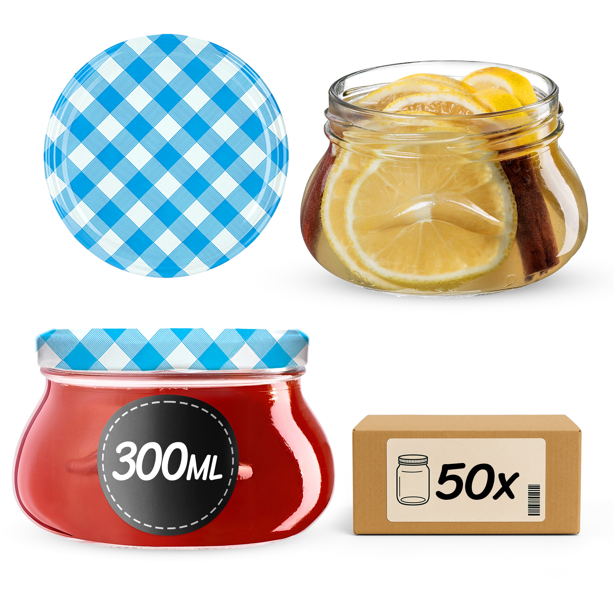 Słoiki na przetwory Raja 300ml 50szt 82mm + wieczka "Niebieska Krata"