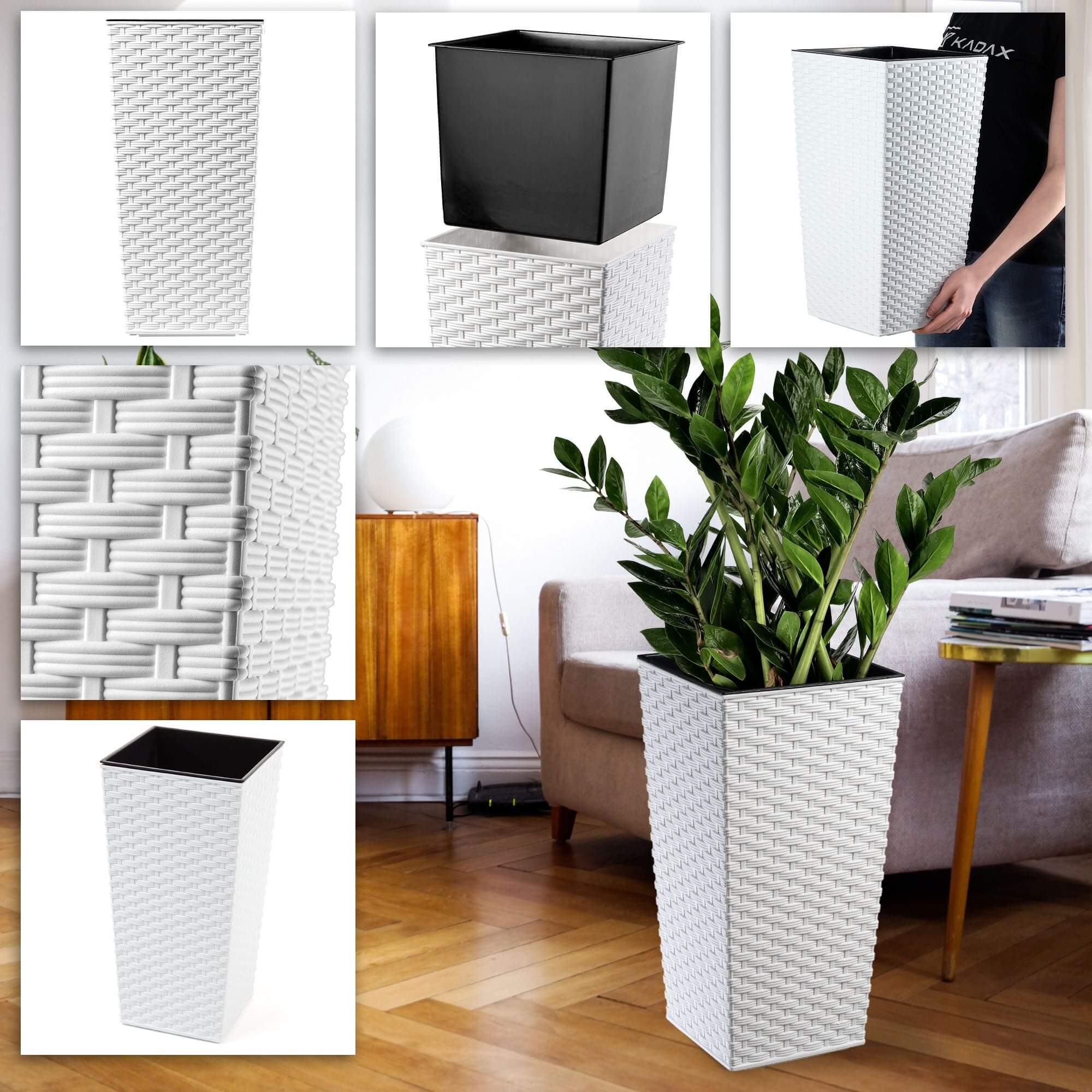 Donica na kwiaty z wkładem Pesaro rattan 25 cm, biała