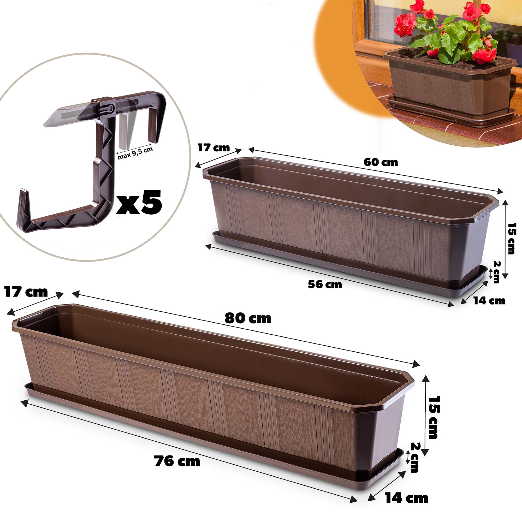 Doniczka balkonowa z uchwytami Oste 60 cm + 80 cm, brązowa