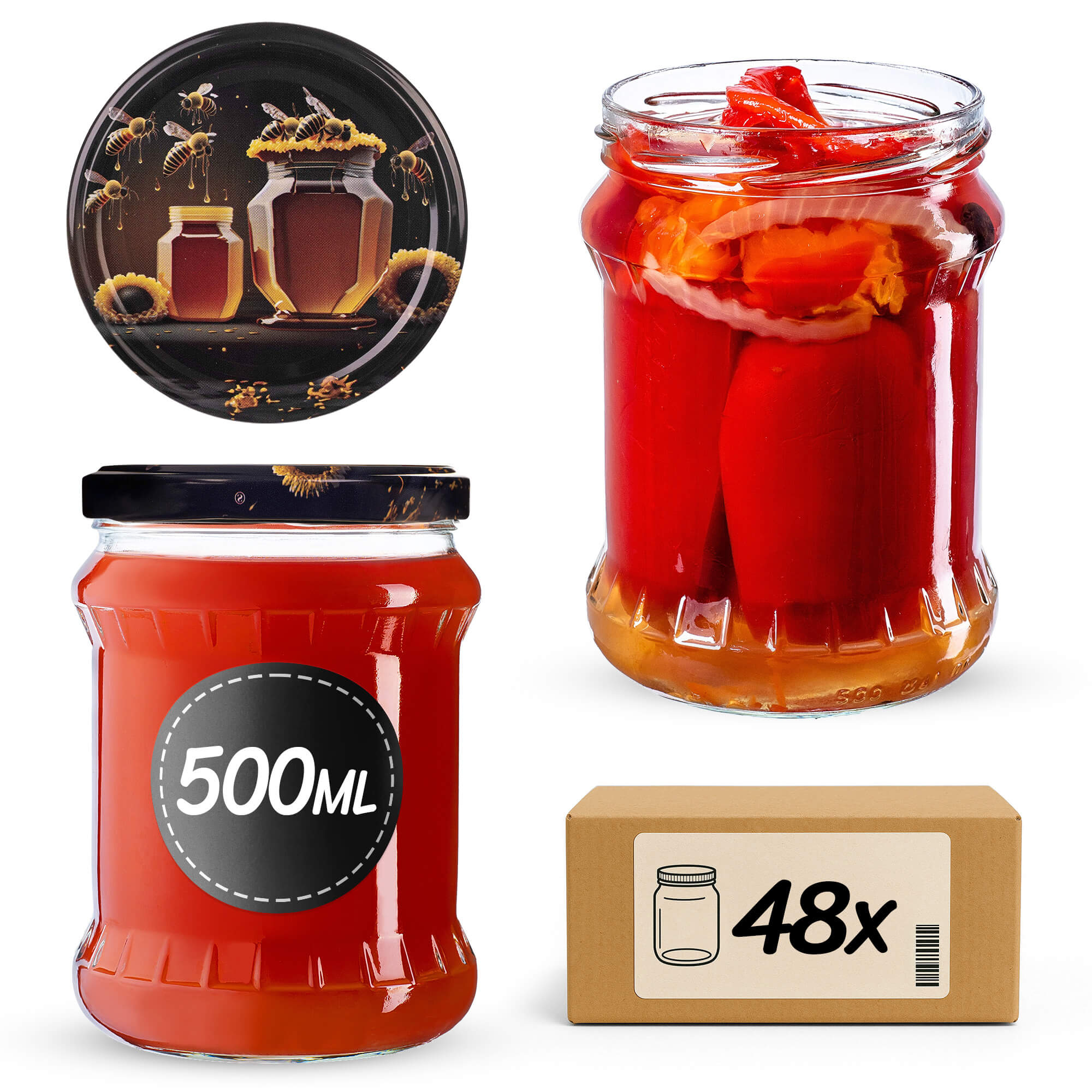 Słoiki na przetwory Kisko 500ml 48szt 82mm + wieczka "Czarny miód"