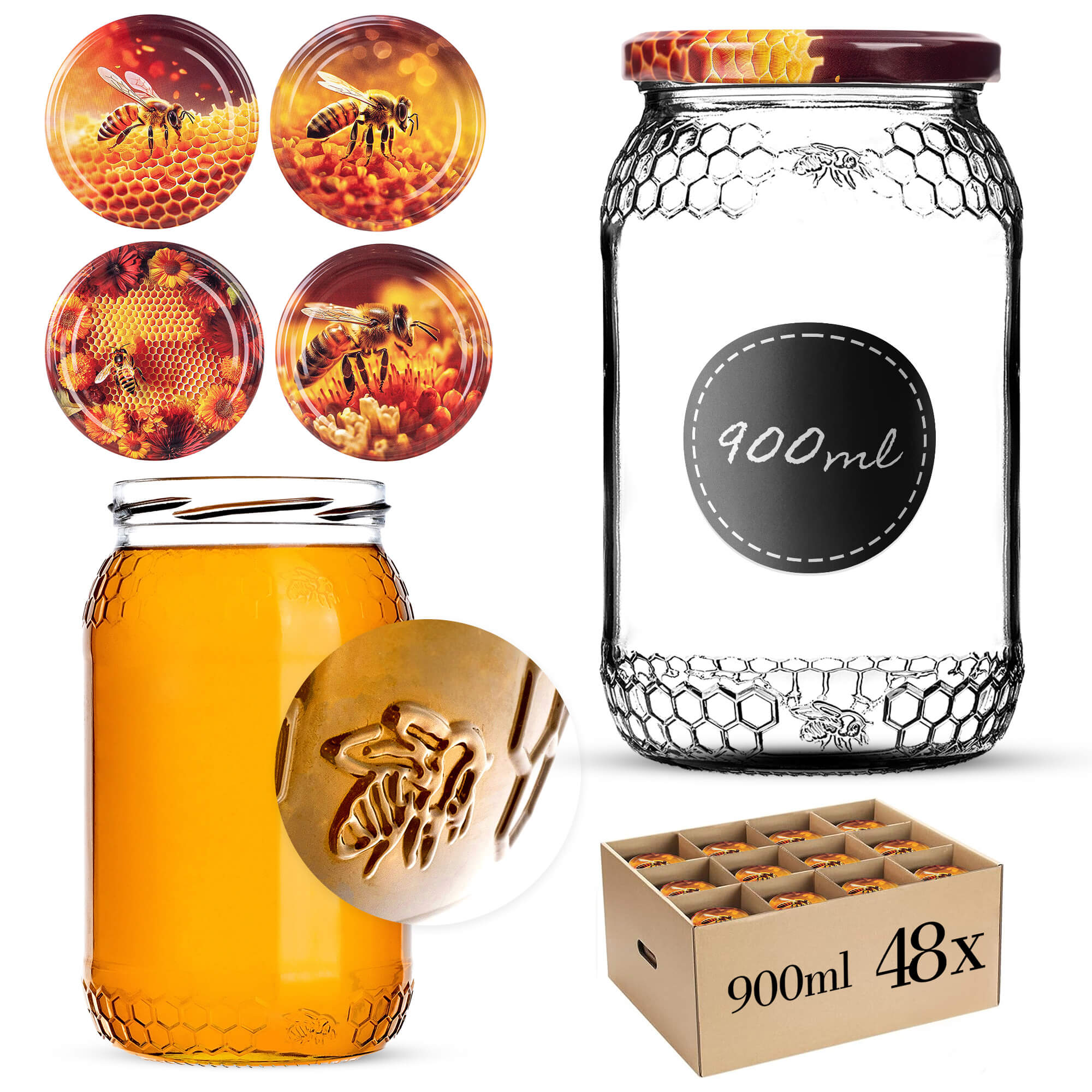 Szklany słój Lierde 900ml 82mm 48 szt. + wieczka "Mix pszczół"
