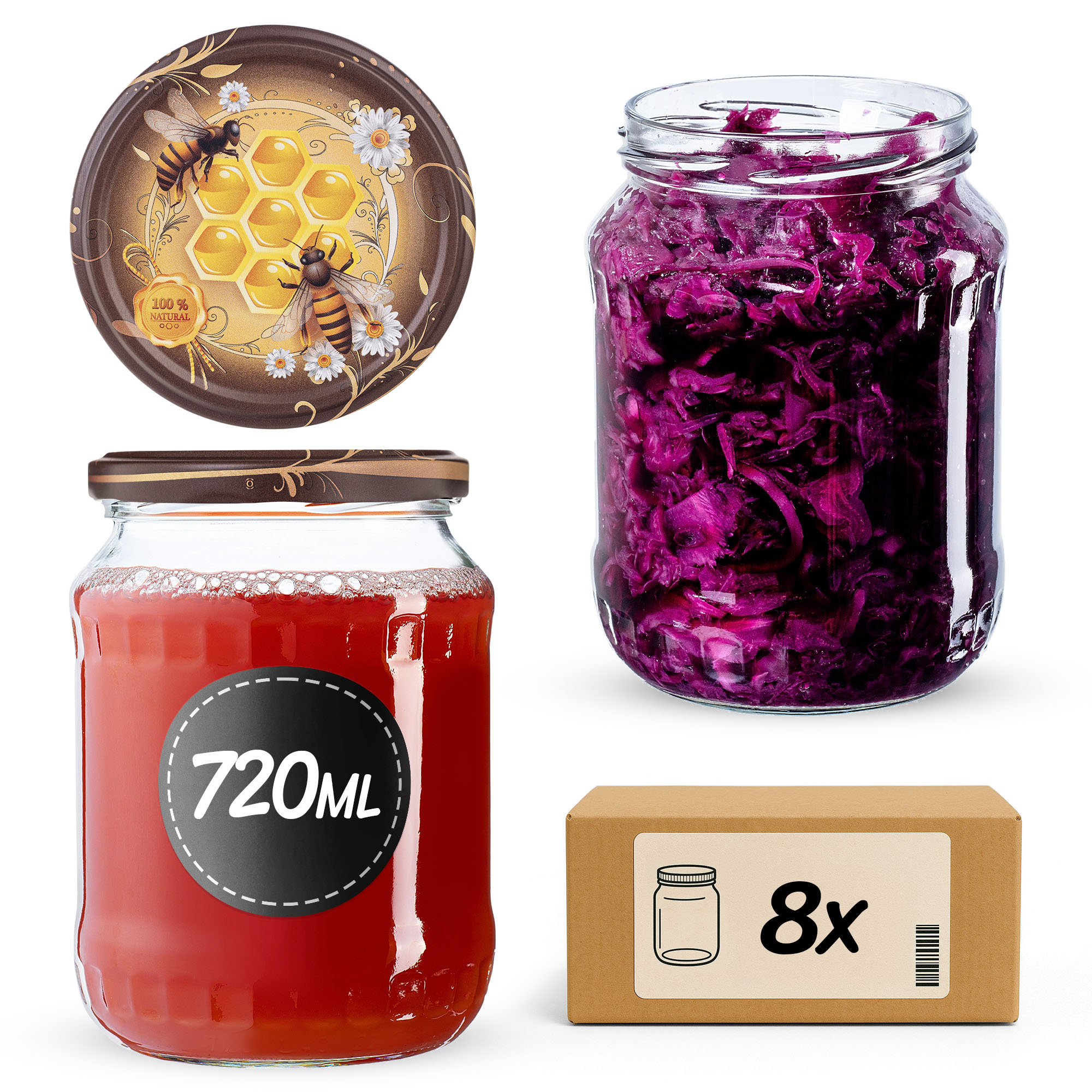 Słoiki na przetwory Jukka 720ml fi82mm 8szt + wieczko Miód