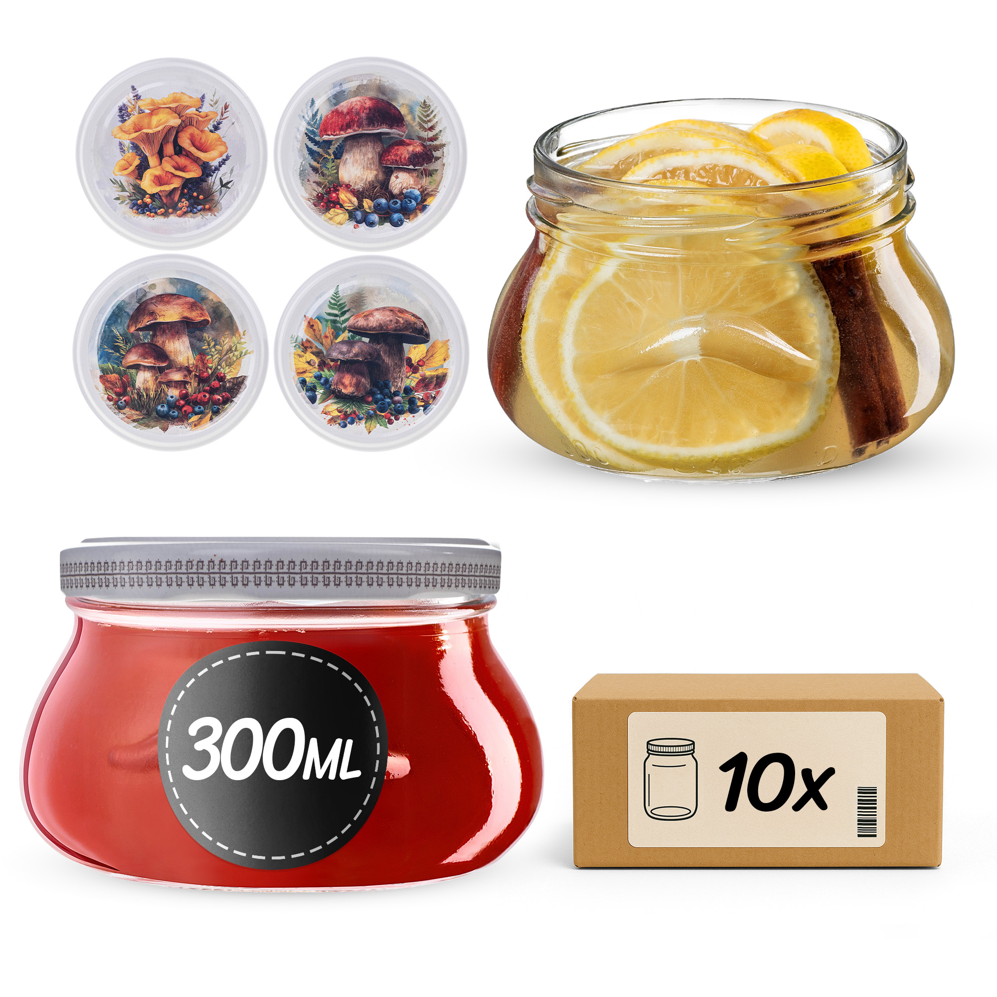 Słoiki na przetwory Raja 300ml fi82mm 10szt + wieczko Grzyb akwarela
