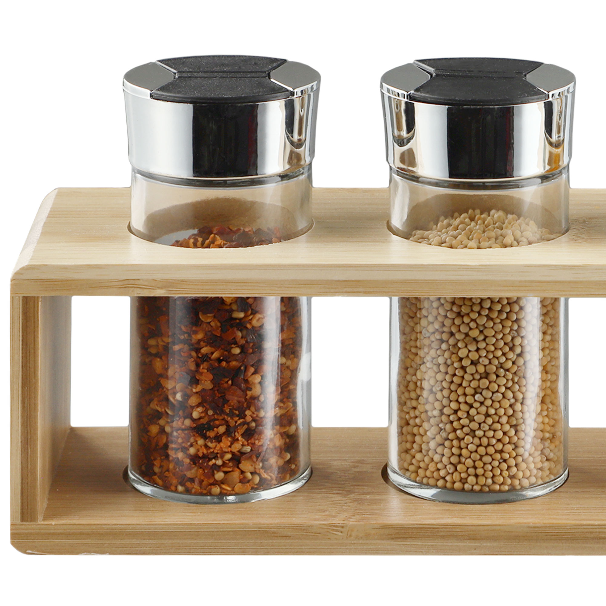 Komplet przyprawników z bambusową podstawką 4 szt.