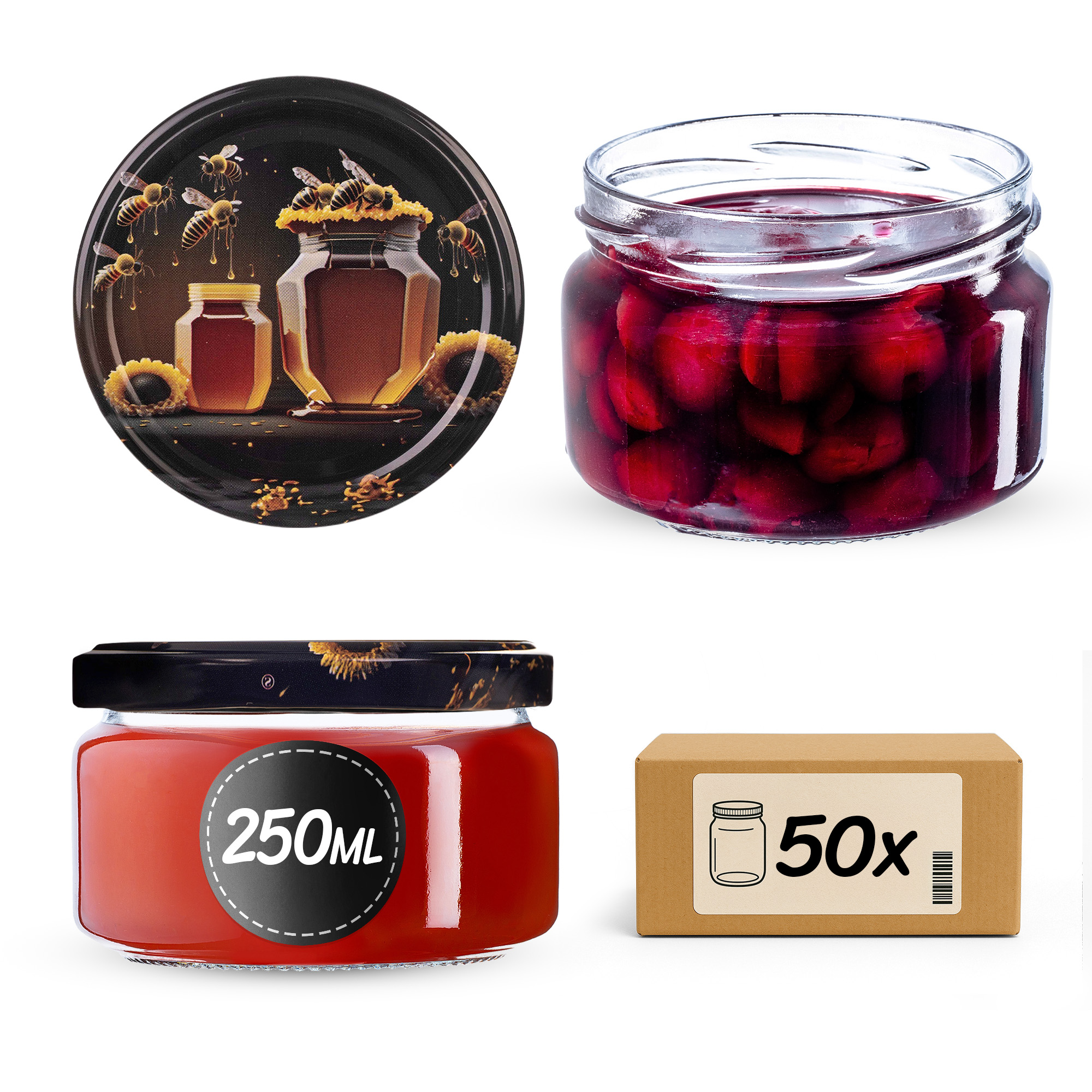 Słoiki na przetwory Denia 250ml 50szt 82mm + wieczko "Miód czarny"