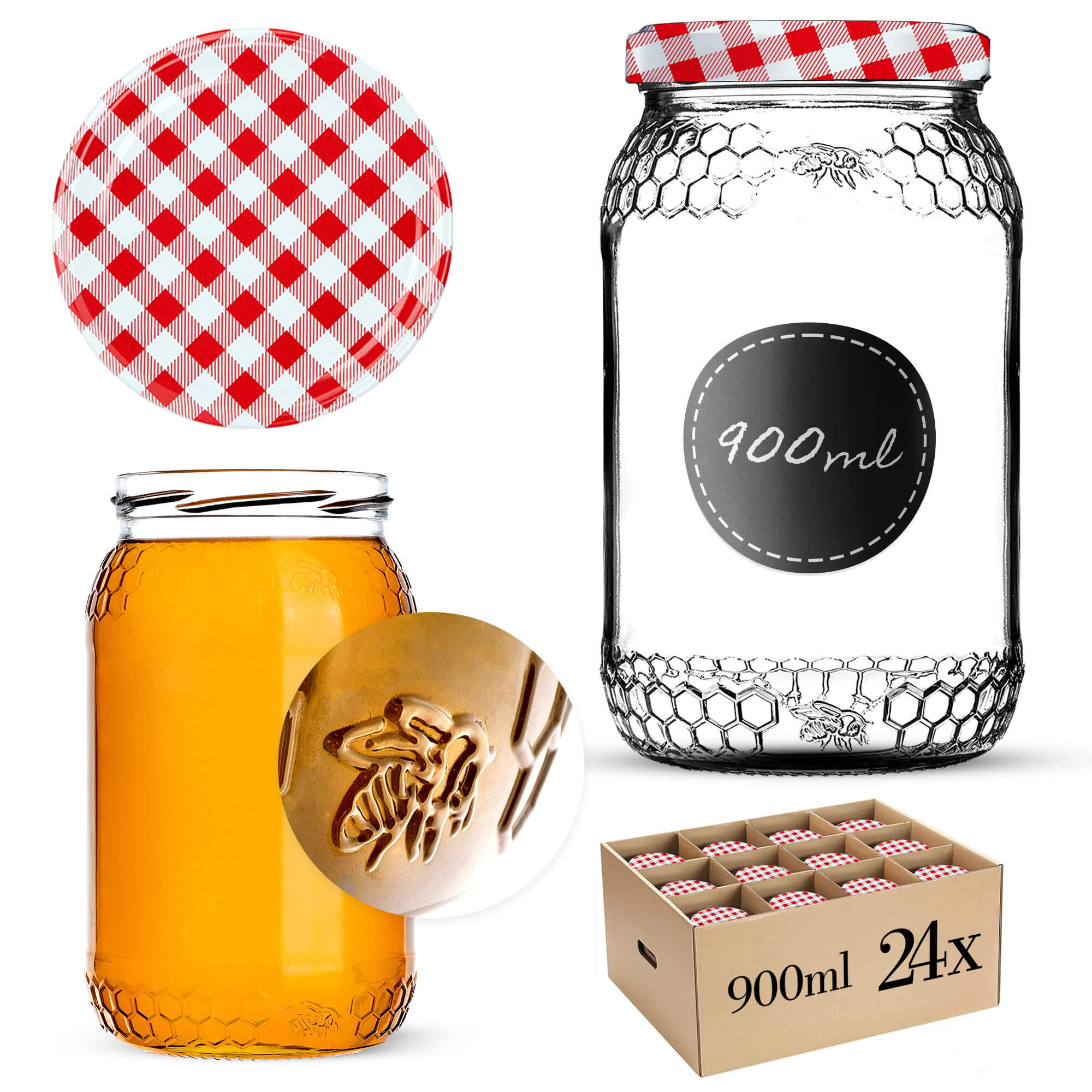 Szklany słój Lierde 900ml 82mm 24 szt. + wieczka "Czerwona krata"