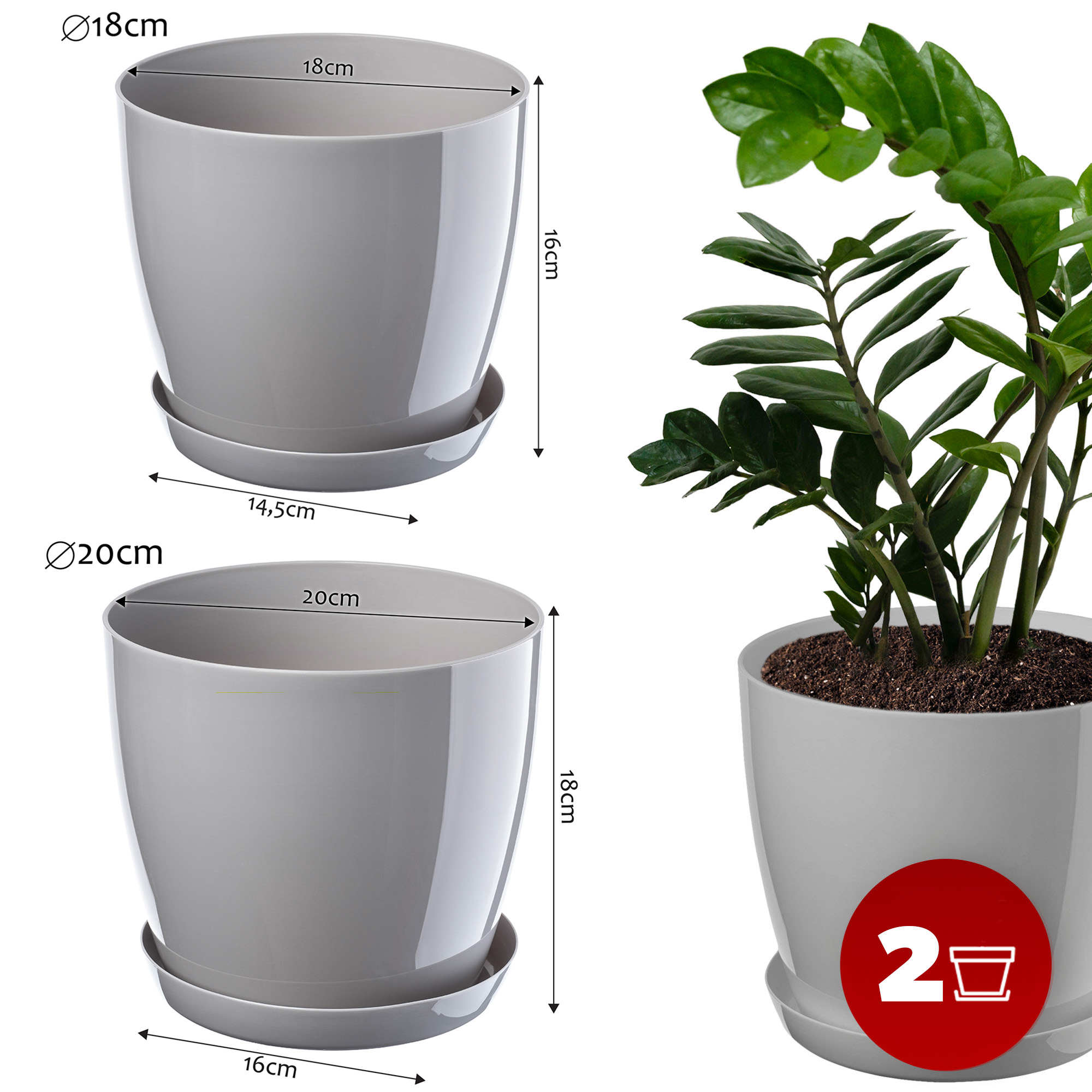 Doniczka na kwiaty z podstawką szara 18 cm + 20 cm, 2 szt.