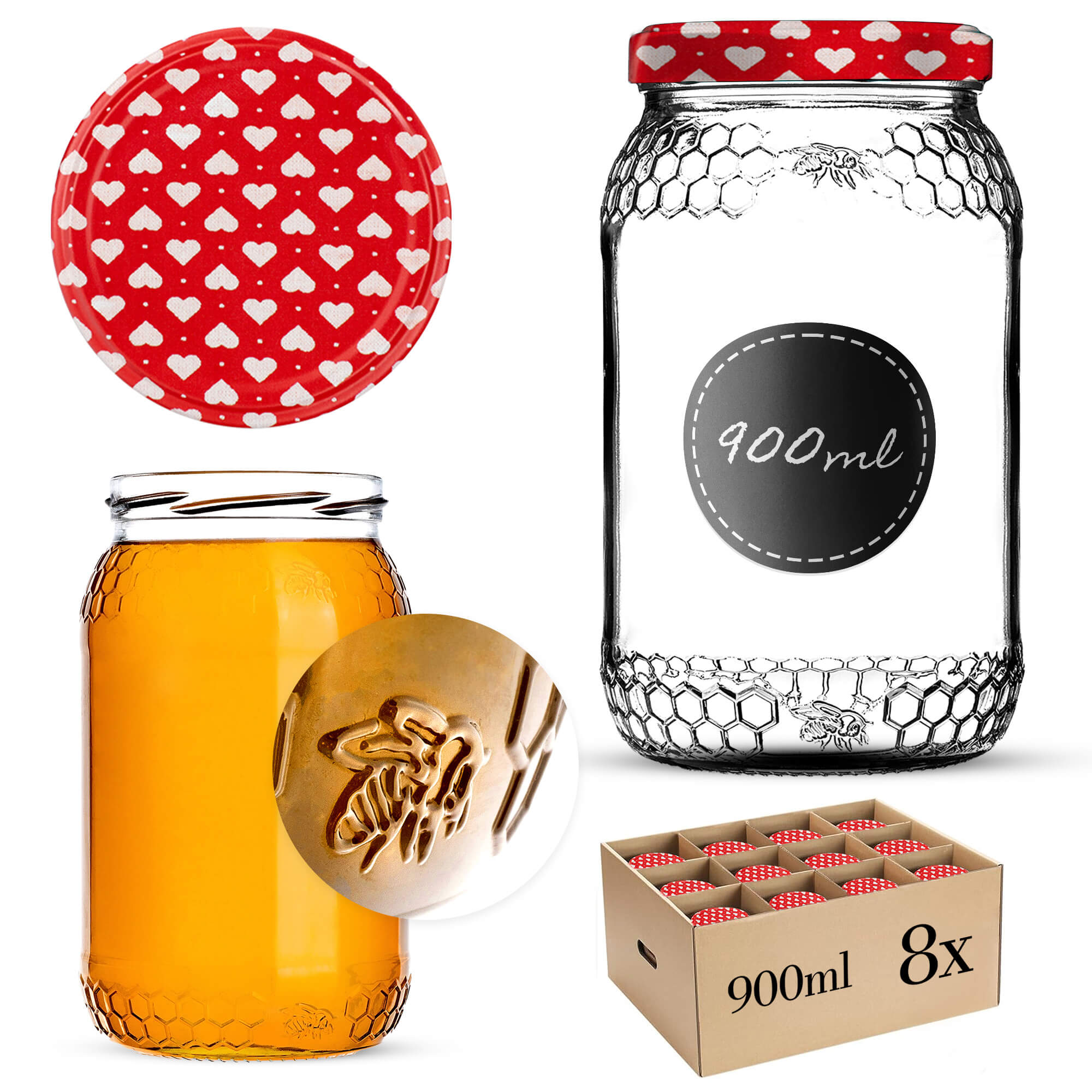 Szklany słój Lierde 900ml 82mm 8 szt. + wieczka "Serca"