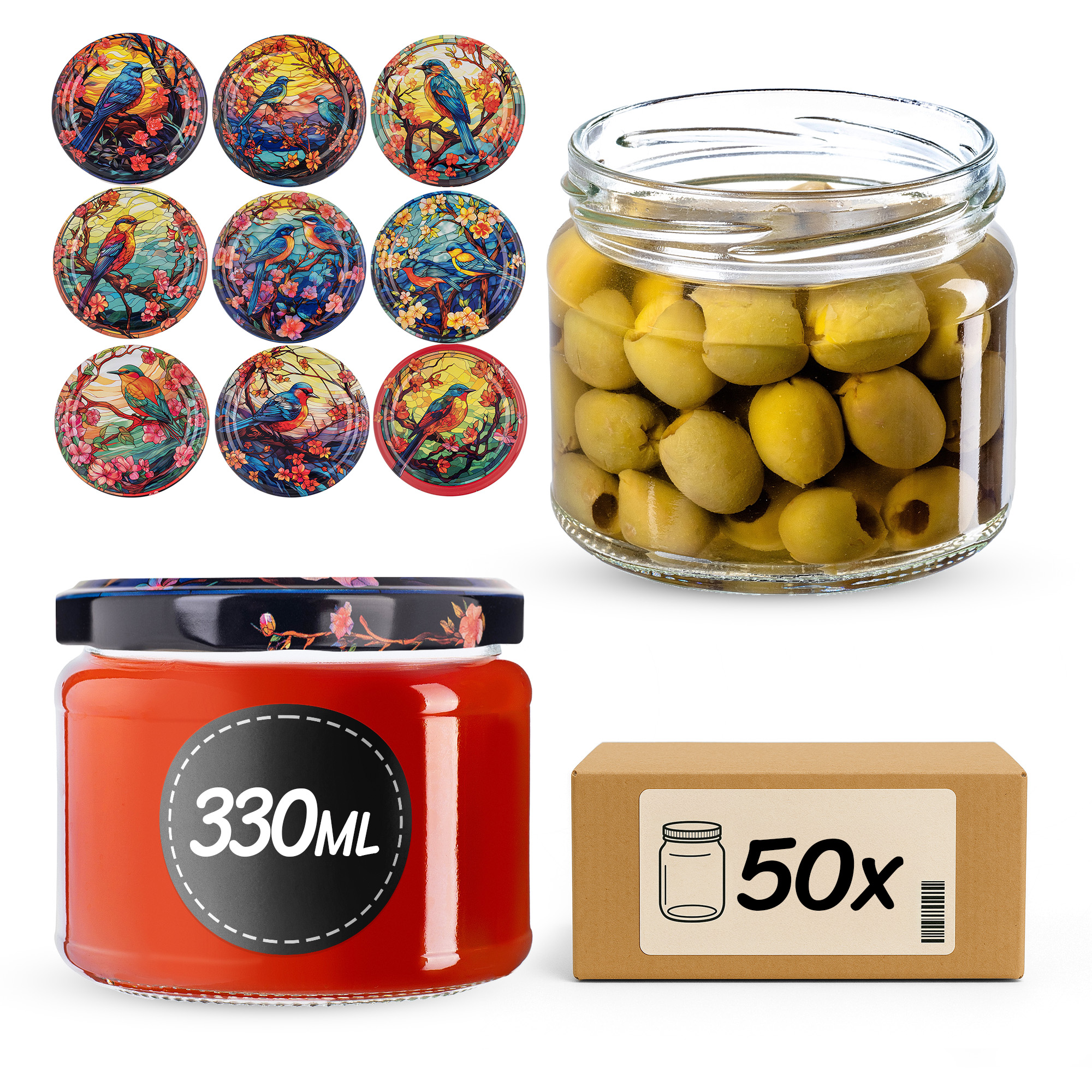 Słoiki na przetwory Sonka 330ml fi82mm 50szt + wieczko Ptaki