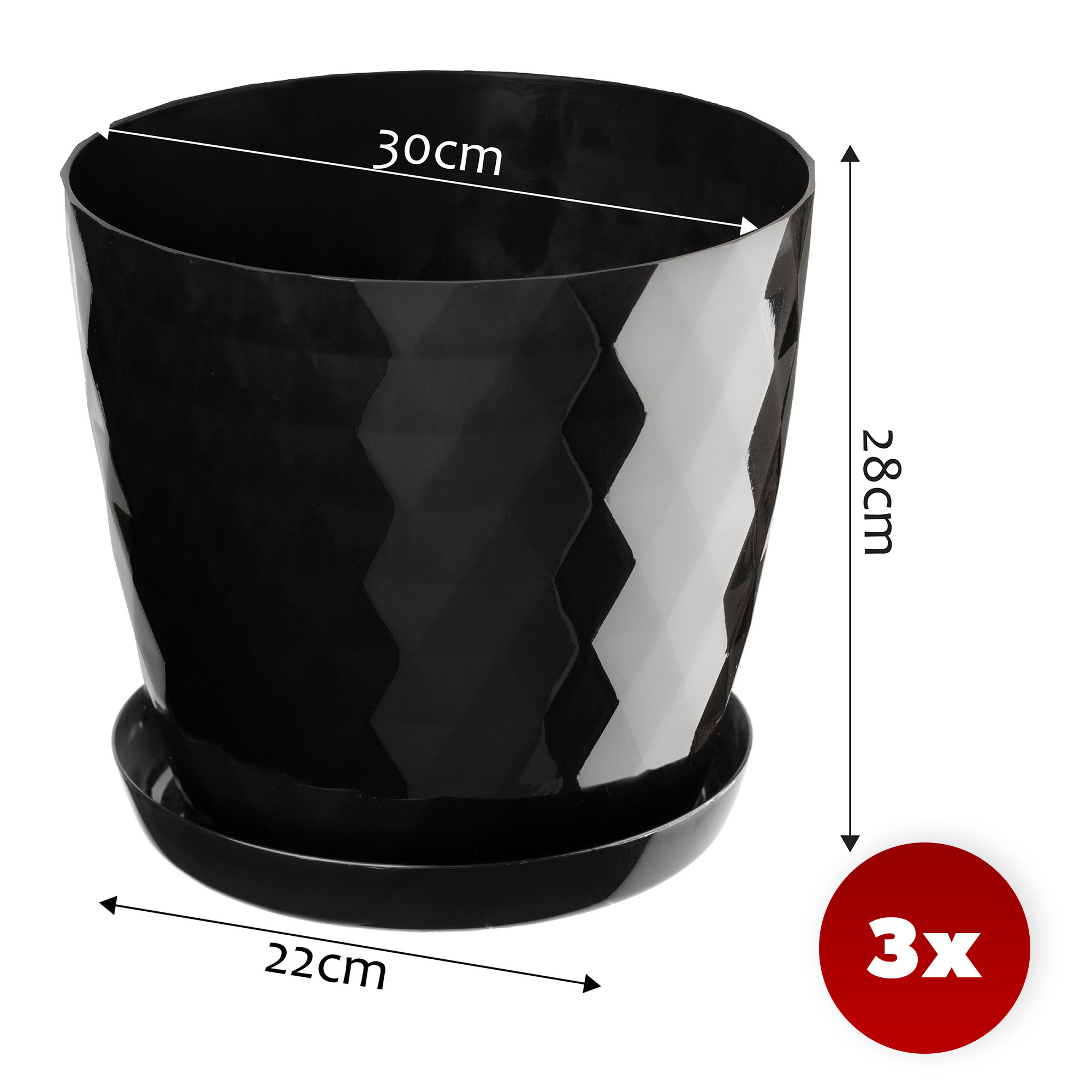 Doniczka na kwiaty z podstawką czarna Amily 30 cm, 3 szt.