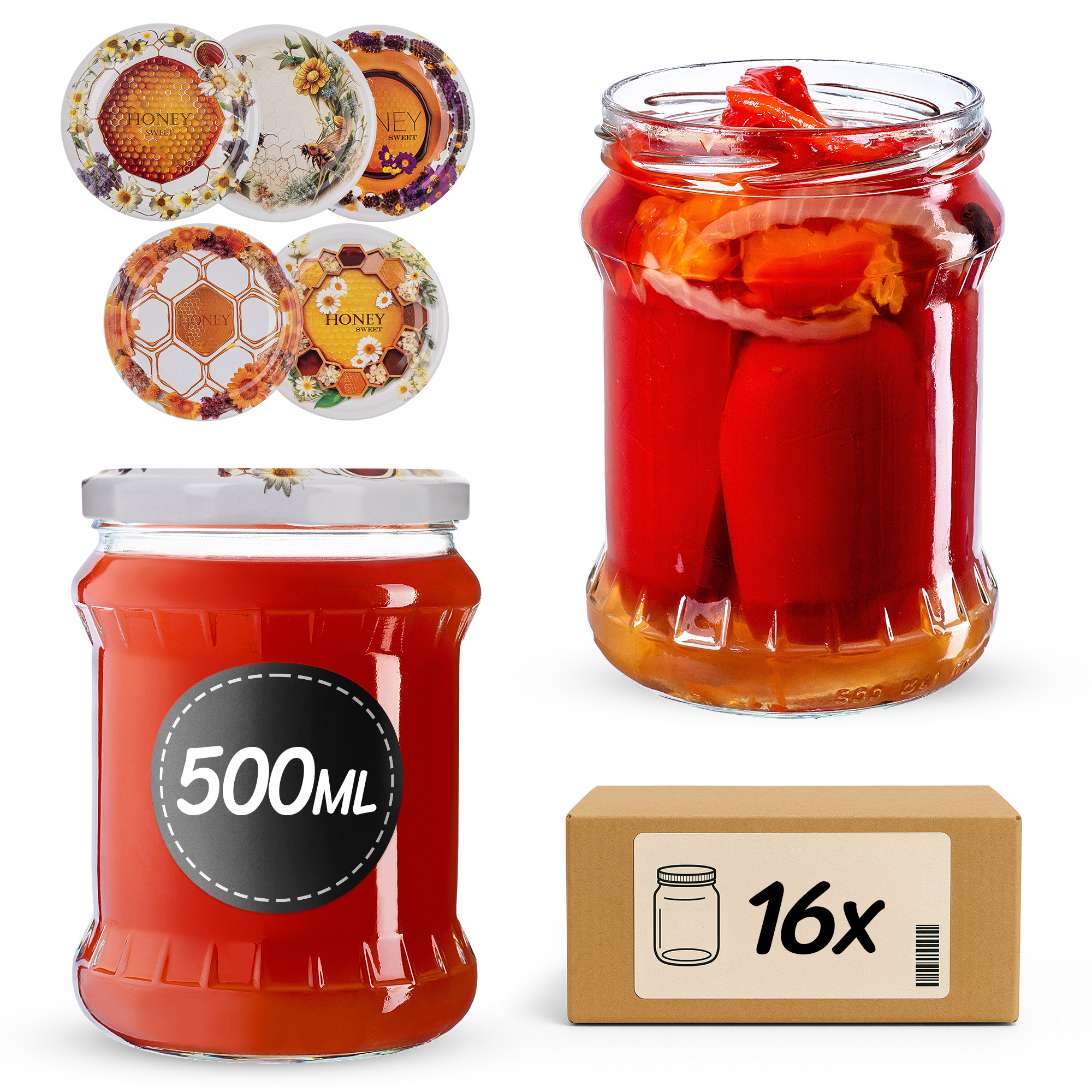 Słoiki na przetwory Kisko 500ml fi82mm 16szt + wieczko Miodowy mix