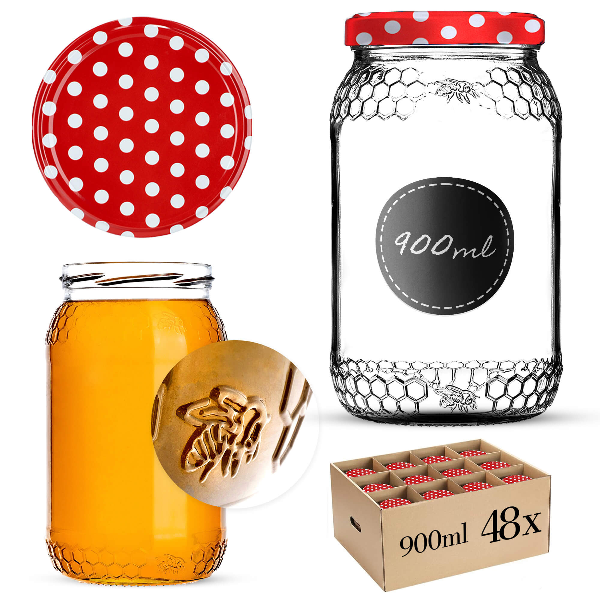 Szklany słój Lierde 900ml 82mm 48 szt. + wieczka "Czerwony groszek"