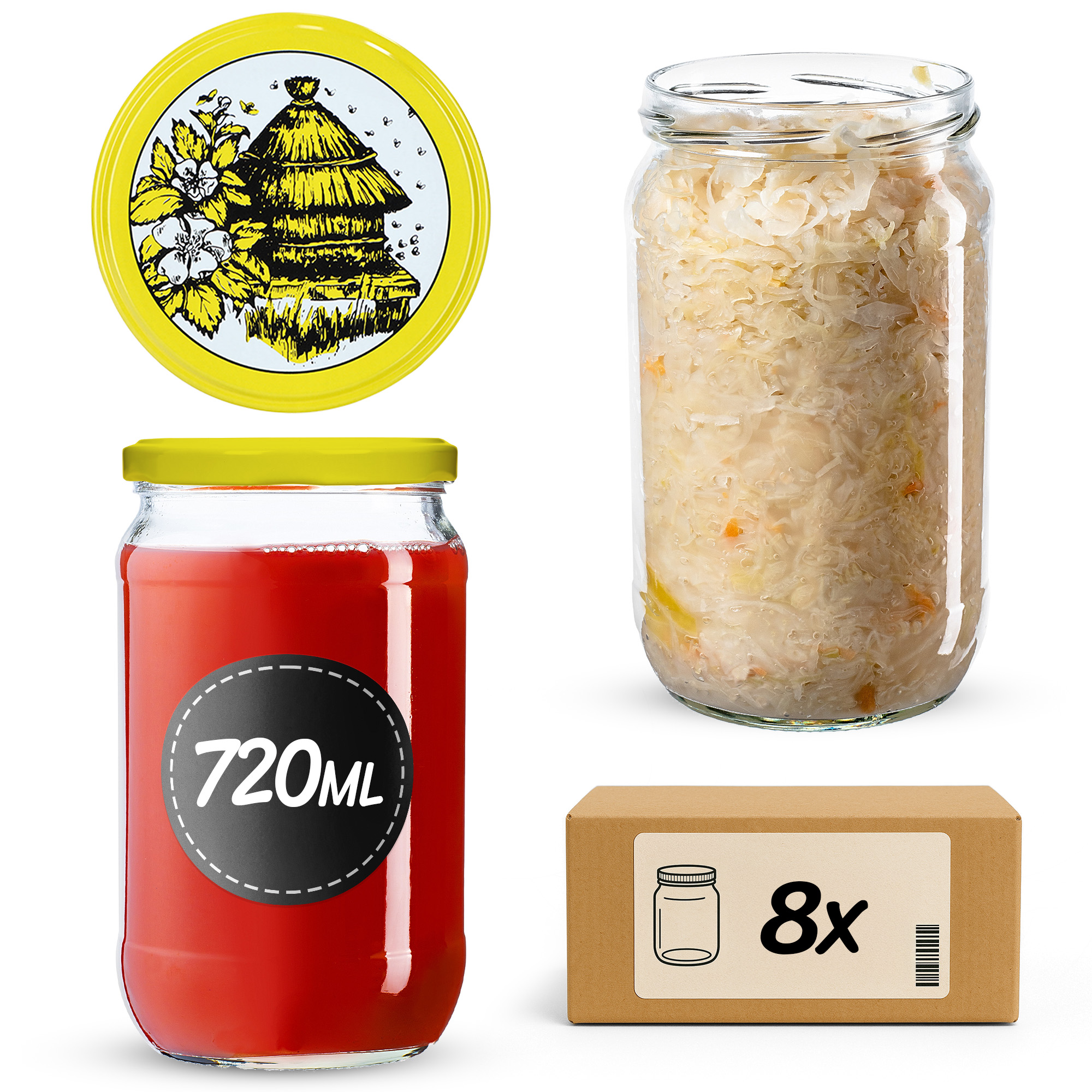 Słoiki na przetwory Niva 720ml 8szt 82mm + wieczka "Pszczoły"