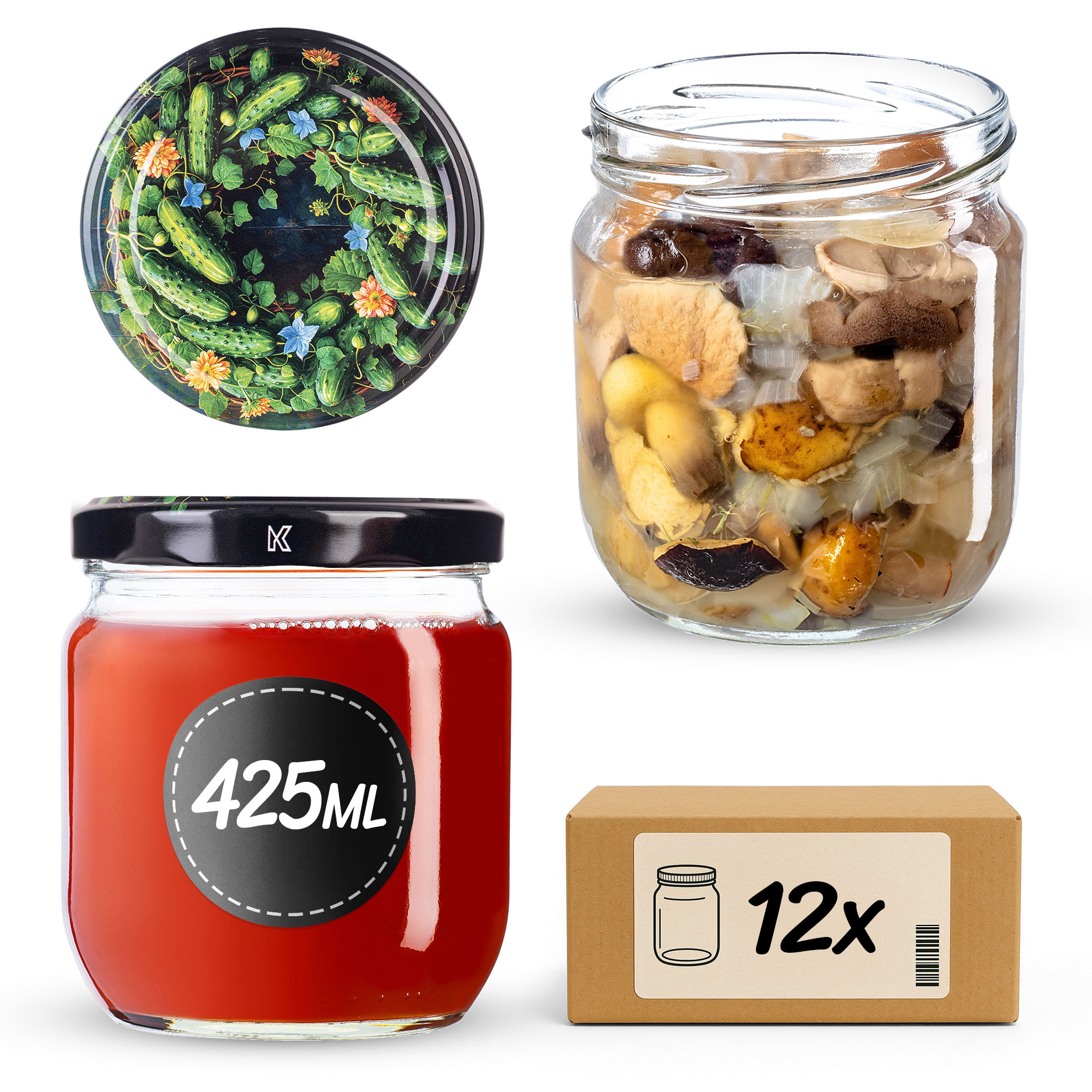 Słoiki na przetwory Salla 425ml fi82mm 12szt + wieczko Ogórki czarne