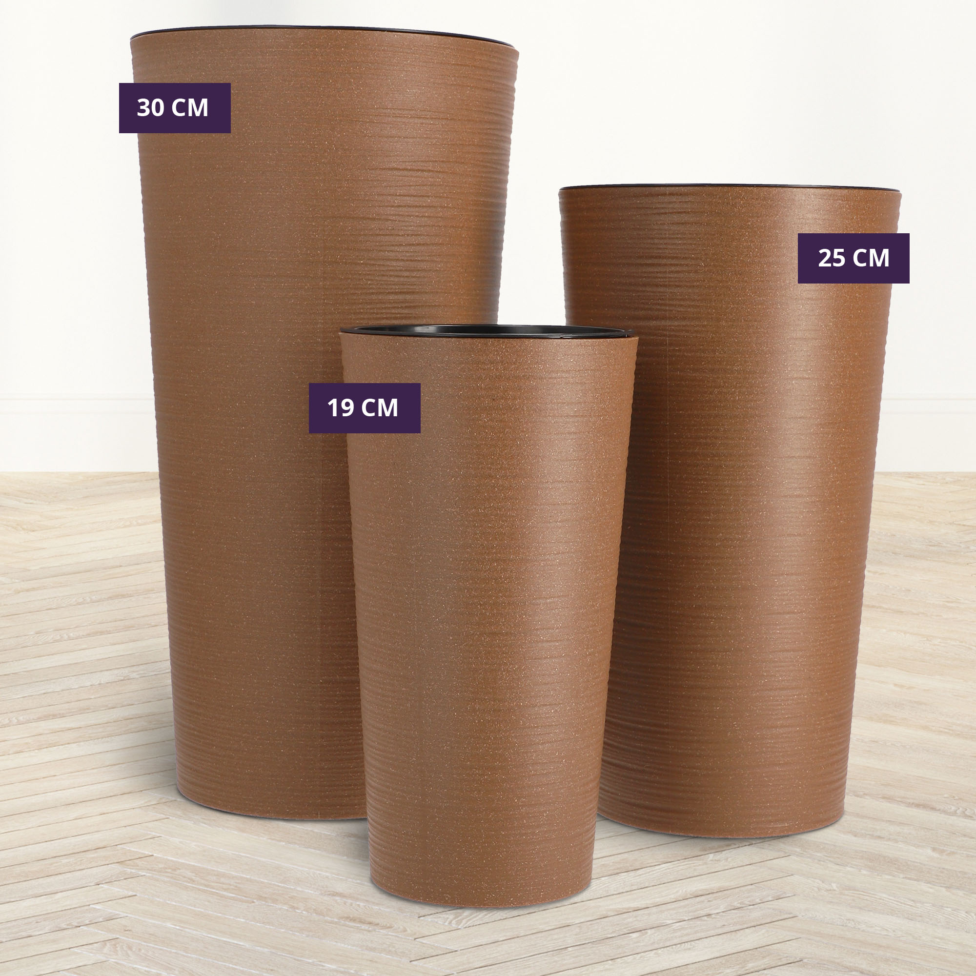 Donice na kwiaty z wkładem dłuto 19 cm + 25 cm + 30 cm, naturalne