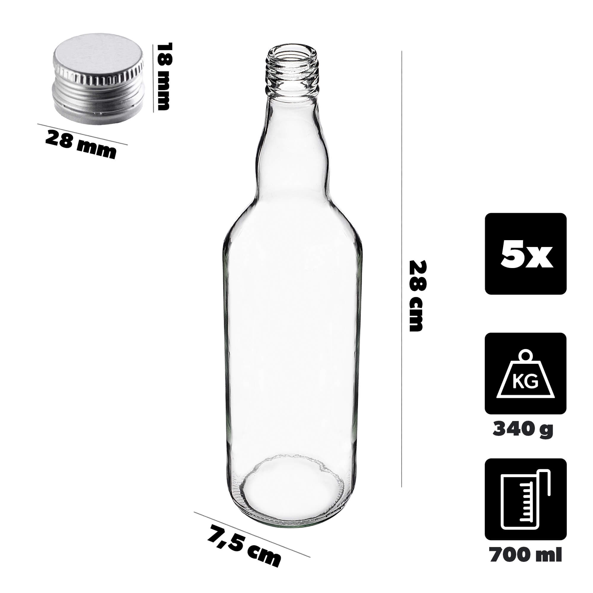Szklana butelka Monopol 700ml z srebrną zakrętką 5 szt.