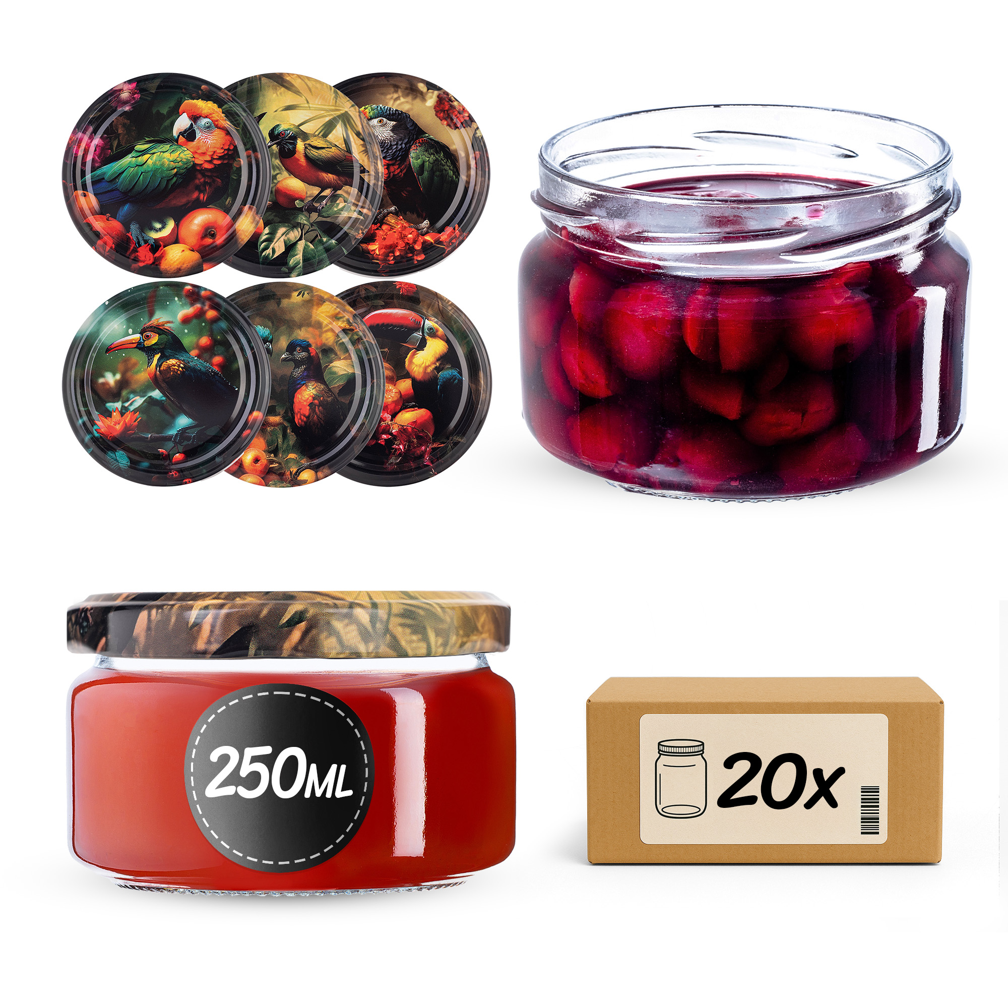 Słoiki na przetwory Denia 250ml 20szt 82mm + wieczko "Ptaki"