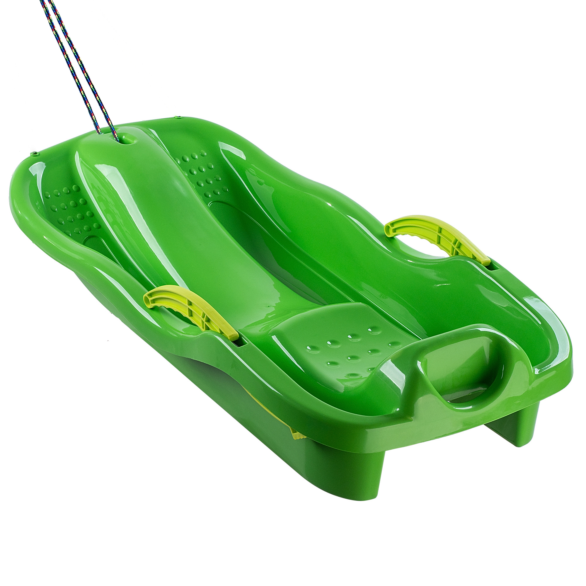 Sanki plastikowe z rączkami, hamulcem i linką, zielone