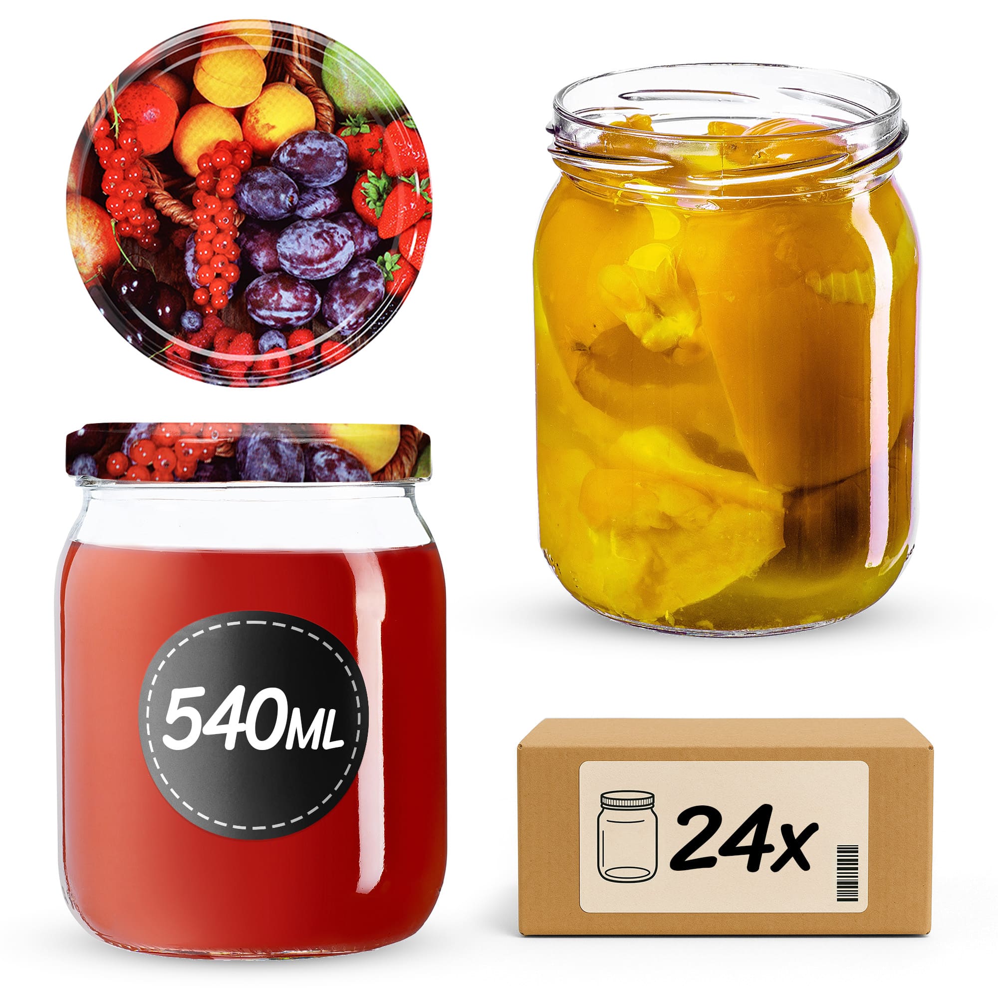 Słoiki Senna 540ml 24szt 82mm + wieczka "Owoce"