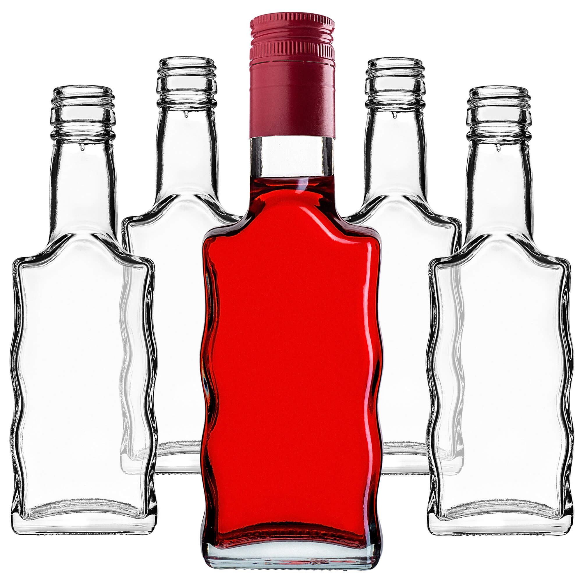 Szklana butelka na nalewkę Fala 200ml z długą czerwoną zakrętką 10 szt.