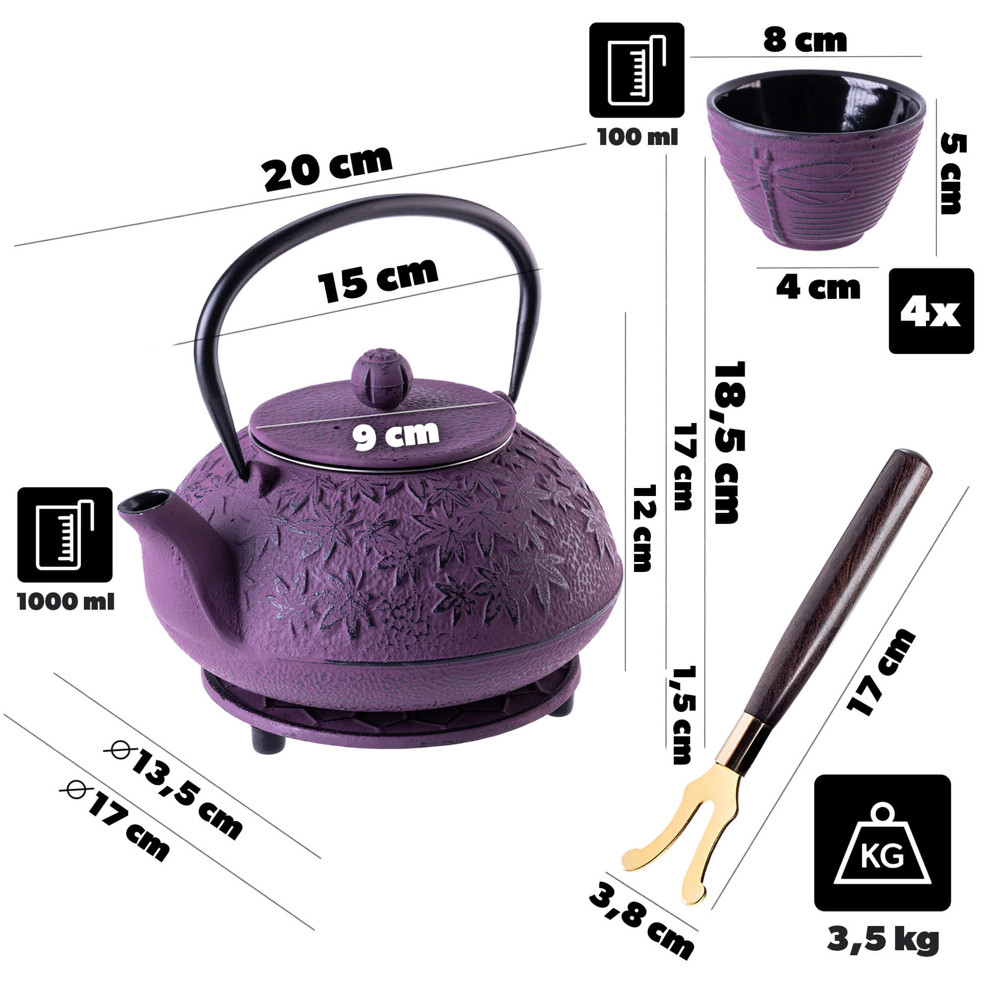 Czajnik żeliwny z czarkami i zaparzaczem Genua fioletowy