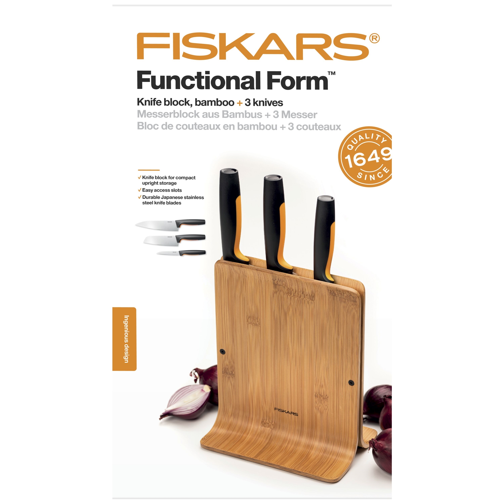 Fiskars 1057553 FF Zestaw 3 noży w bambusowym blok