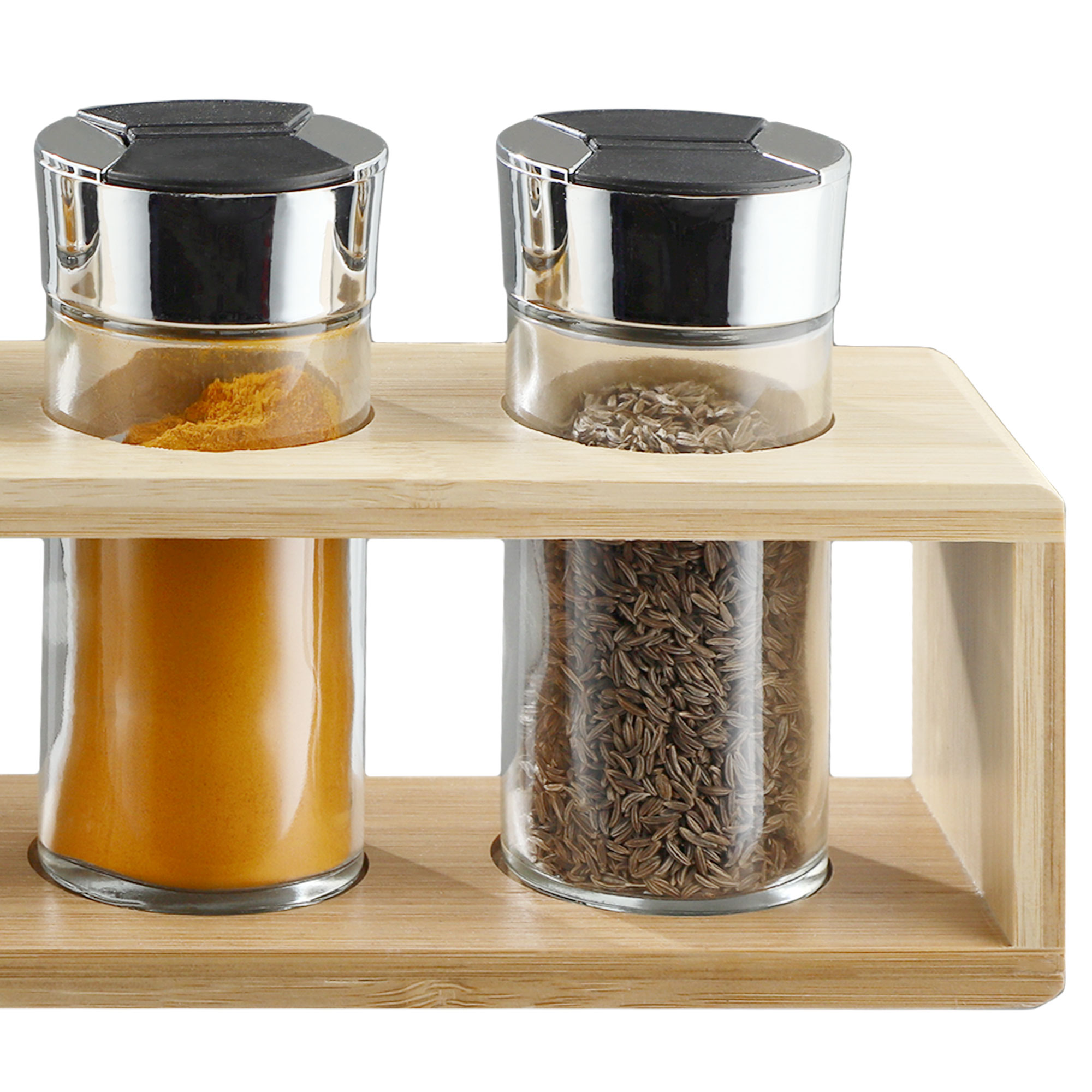 Komplet przyprawników z bambusową podstawką 4 szt.