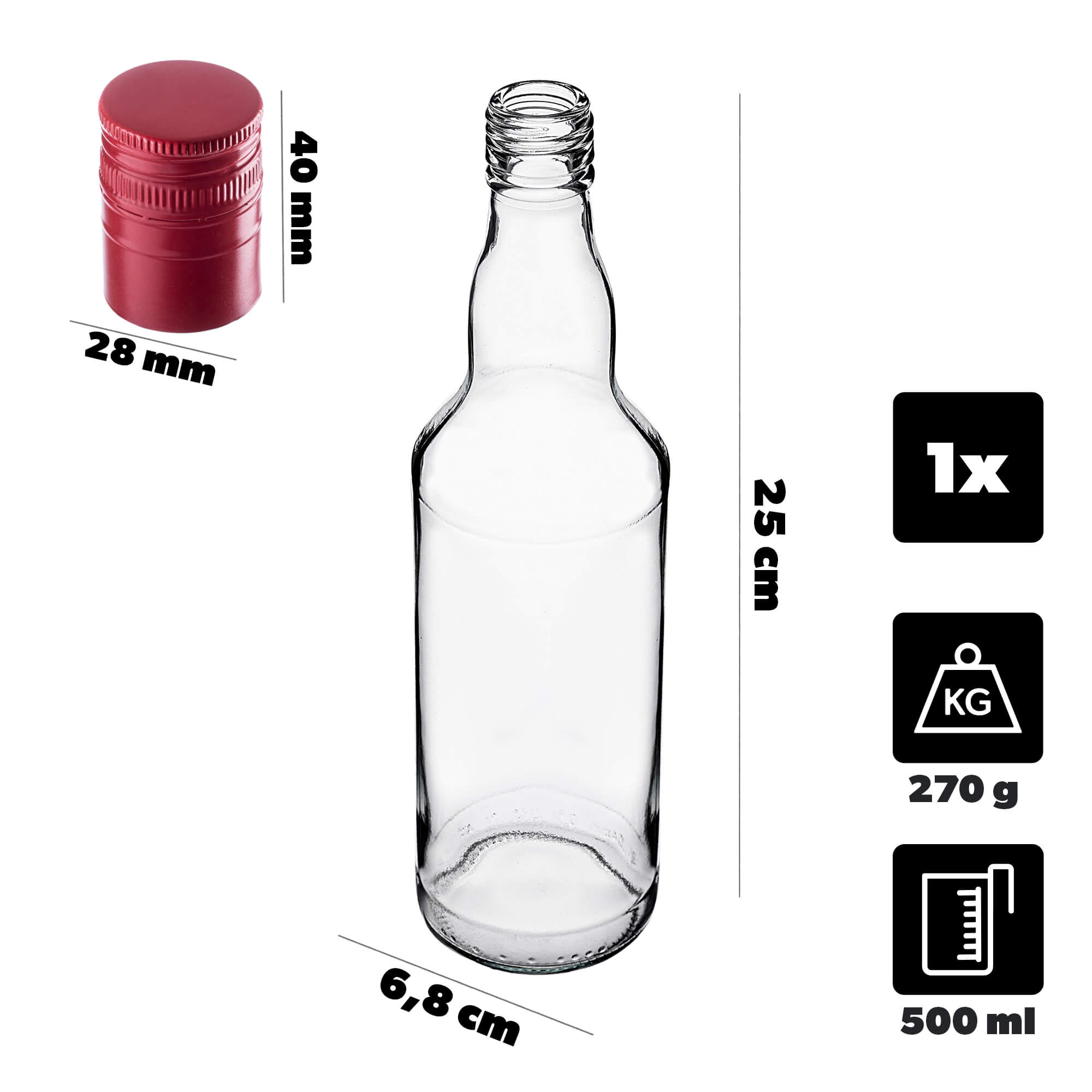 Szklana butelka Monopol 500ml z długą czerwoną zakrętką 1 szt.