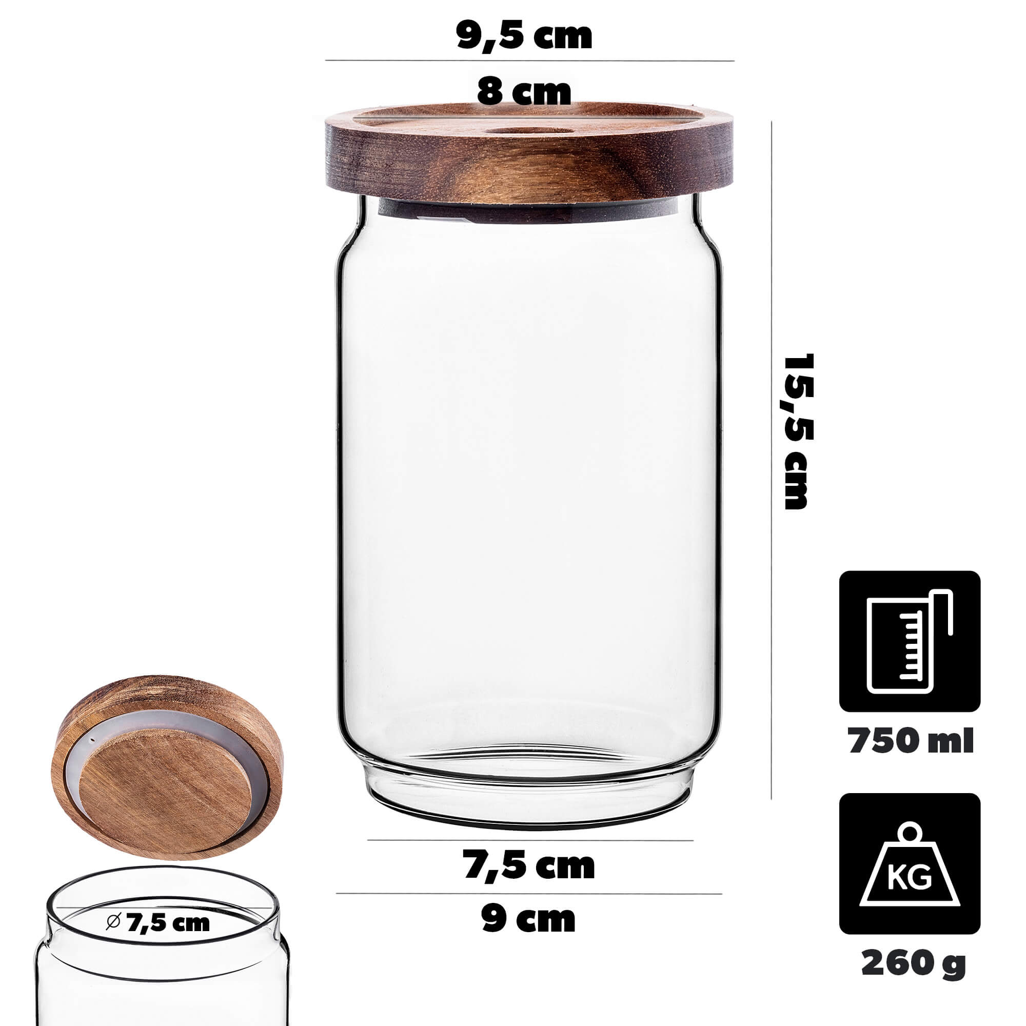 Pojemnik szklany na żywność Rucce z drewnianą pokrywką 750ml