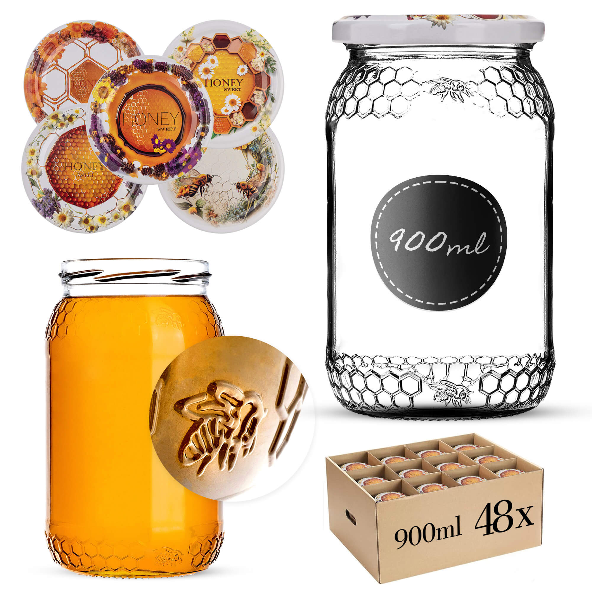 Szklany słój Lierde 900ml 82mm 48 szt. + wieczka "Słodki miód"