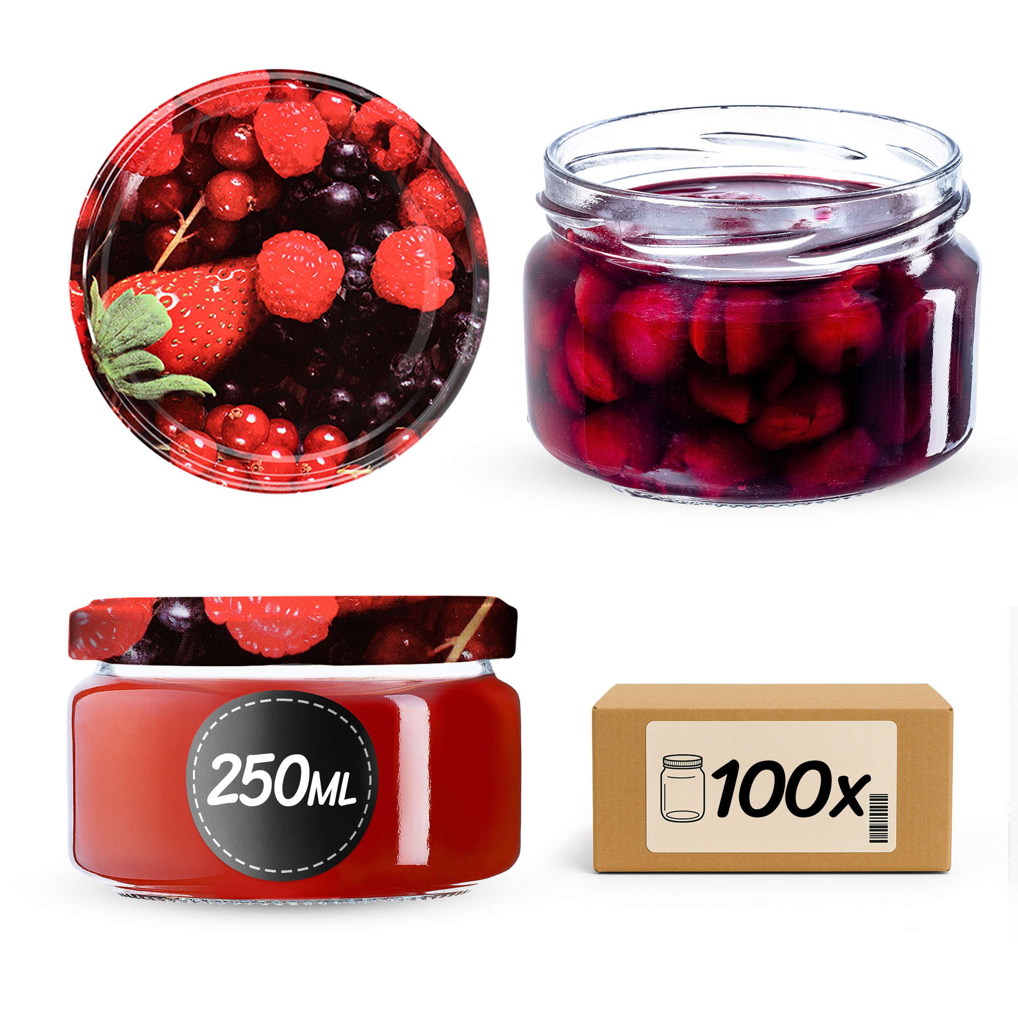 Słoiki na przetwory Denia 250ml 100szt 82mm + wieczko "Owoce leśne"