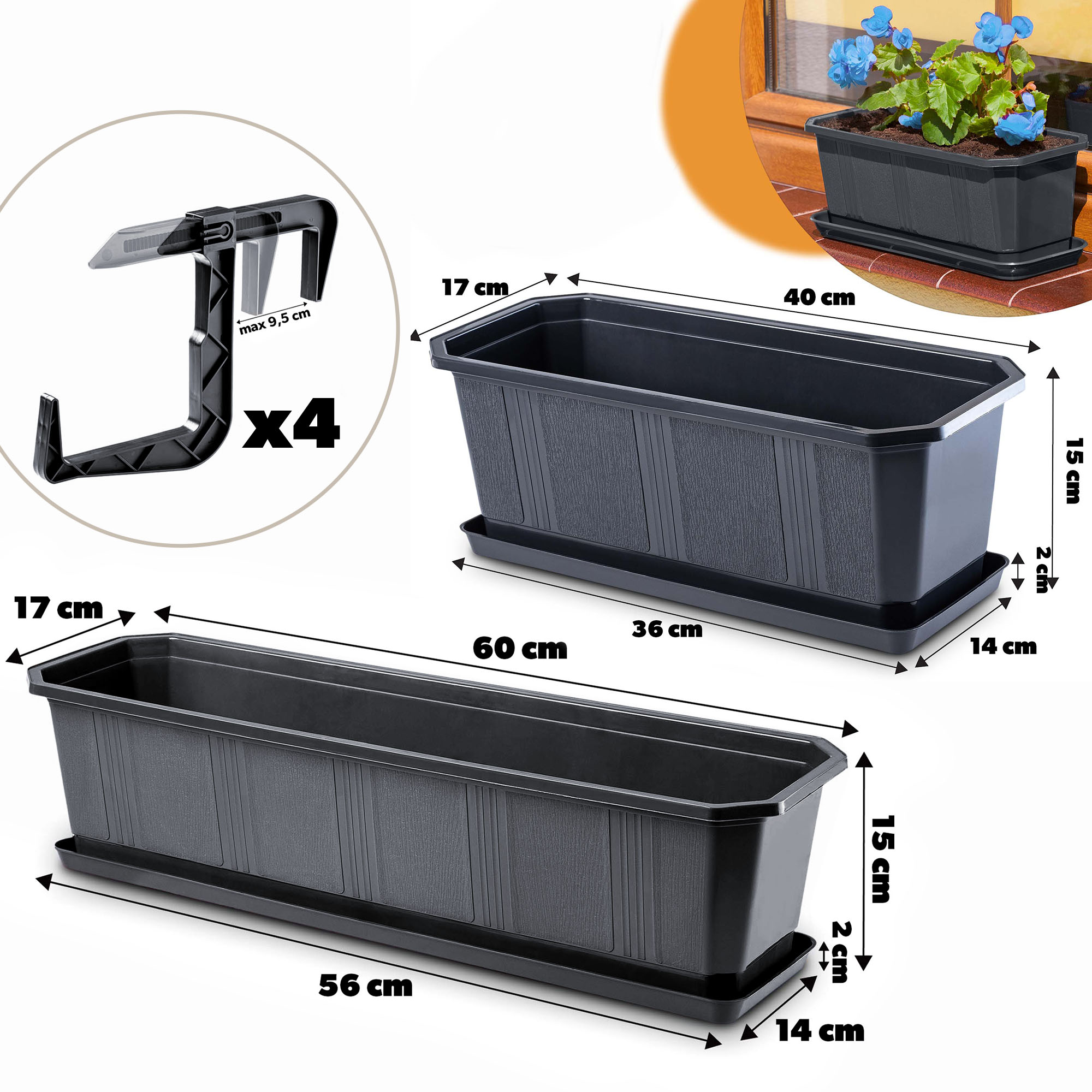 Doniczka balkonowa z uchwytami Oste 40 cm + 60 cm, grafit